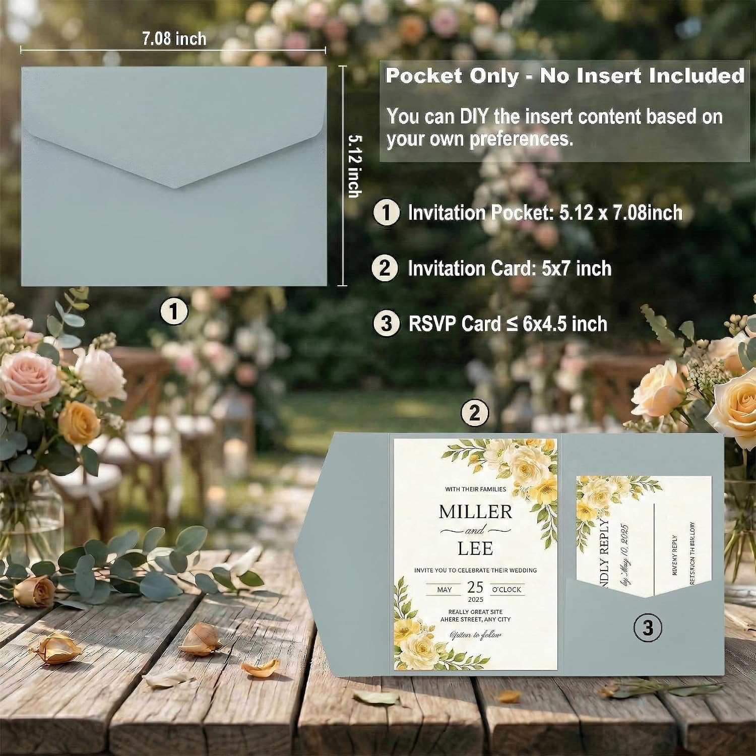 25 Pcs Trifold Wedding Invitation Pockets | 250GSM Thick Paper Pocket Invitations for 5x7 Wedding Cards, Bridal Shower, Engagement, Quinceanera Invitation (Dusty Blue)