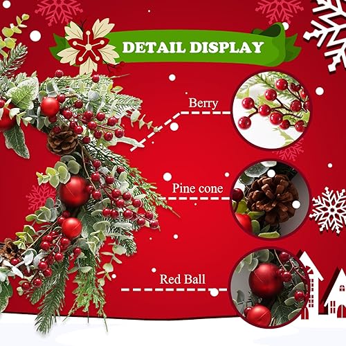 Miniatura 5 de Corona de Navidad con luces, corona de puerta delantera de 20 pulgadas con conos de pino, racimos de bayas rojas, hojas de Navidad para decoración