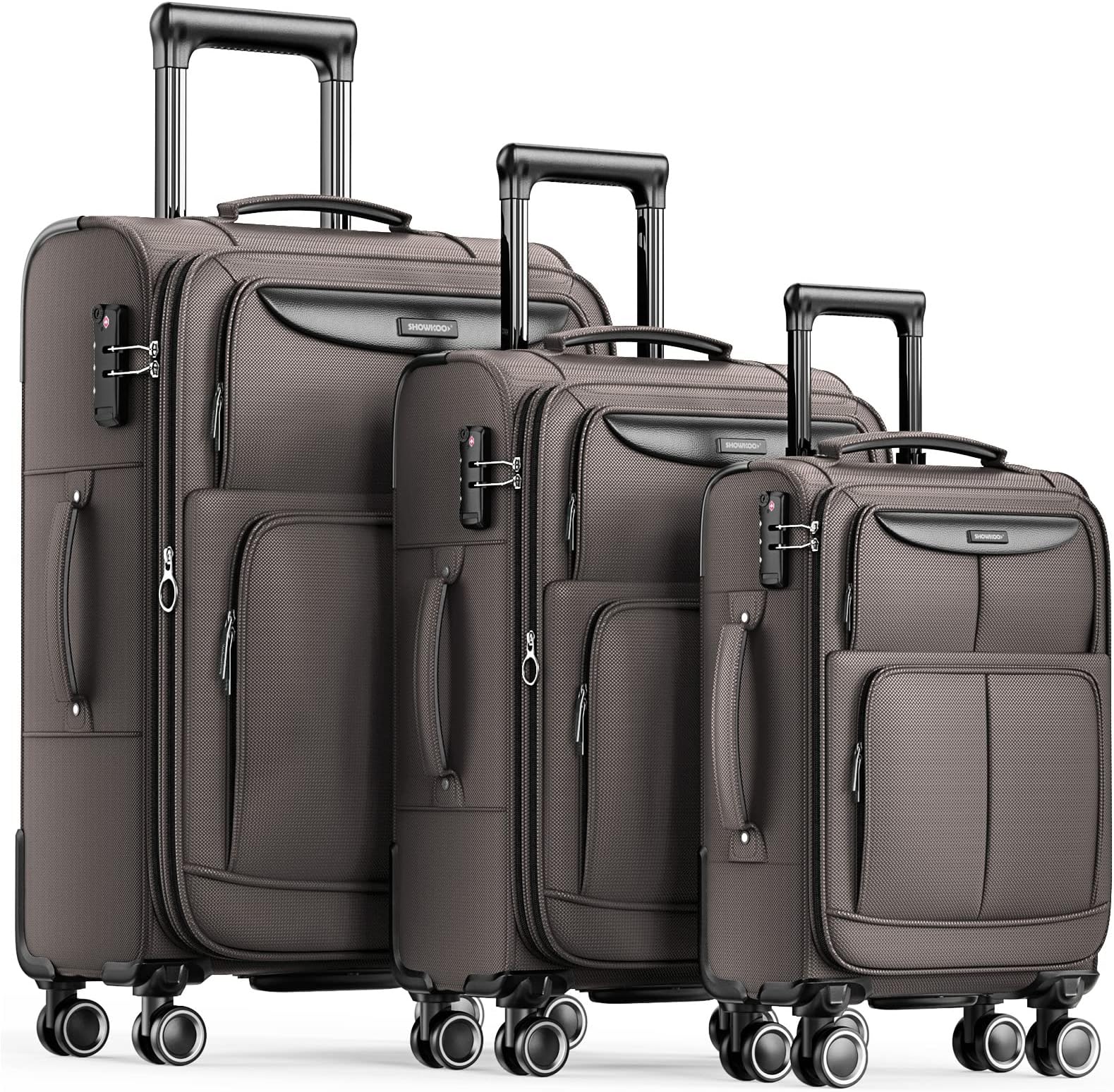 SHOWKOO Luggage Sets 3 Piece Softside Expandable Lightweight Durable Suitcase Sets Double Spinner Wheels TSA Lock (Light Coffee- 20in/24in/28in)