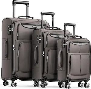 SHOWKOO Luggage Sets 3 Piece Softside Expandable Lightweight Durable Suitcase Sets Double Spinner Wheels TSA Lock Light Coffee (20in/24in/28in)­