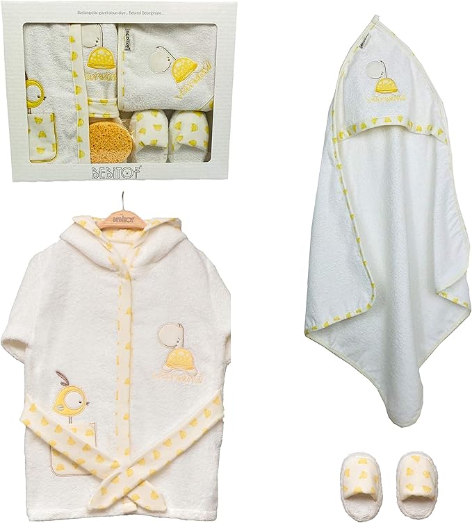 Bebitof Health & Baby Care,Bathing,Bath & Hooded Towels Baby Gifts Baby Boy Girl Unisex for 0-3 Years. 4 Piece Baby Bath Gift Set: Baby Hooded Towel, Bath Robe Dressing Gown with Baby Sponge & Slippers, Baby Gifts (Yellow)
