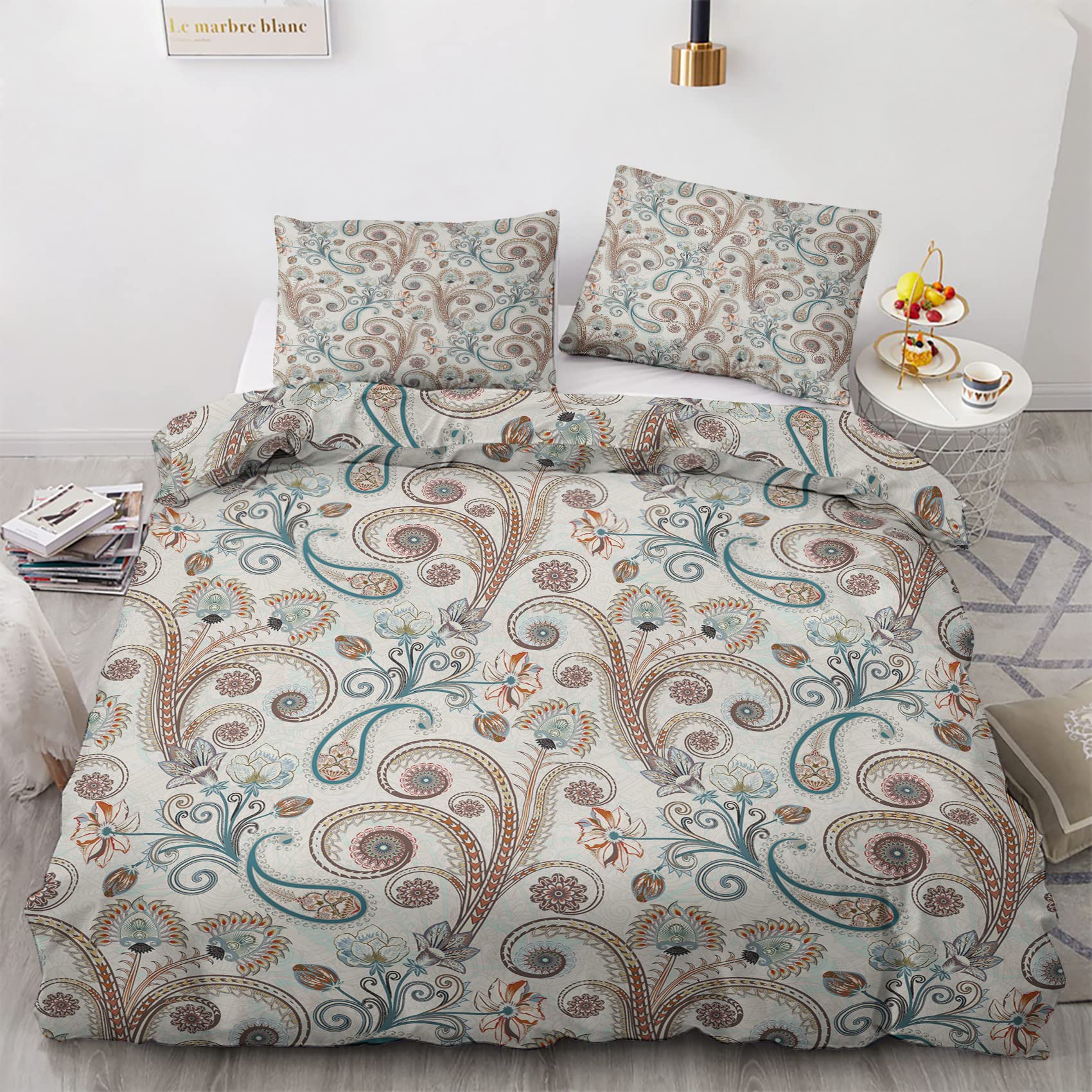Nogawa Aoi14 Paisley Emperor Size Duvet Cover Sets, Ethnic Printed Bedding Set 3 Pcs, Ultra Soft Microfibre Quilt Cover & 2 Pillowcases With Zipper Closure 290 X 235