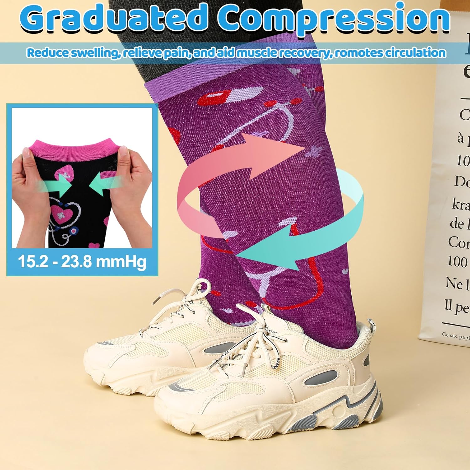 Jspupifip 6 Pairs Plus Size Compression Socks for Women Wide Calf Extra Large Knee High Support for Travel Yoga Running Circulation - Image 6