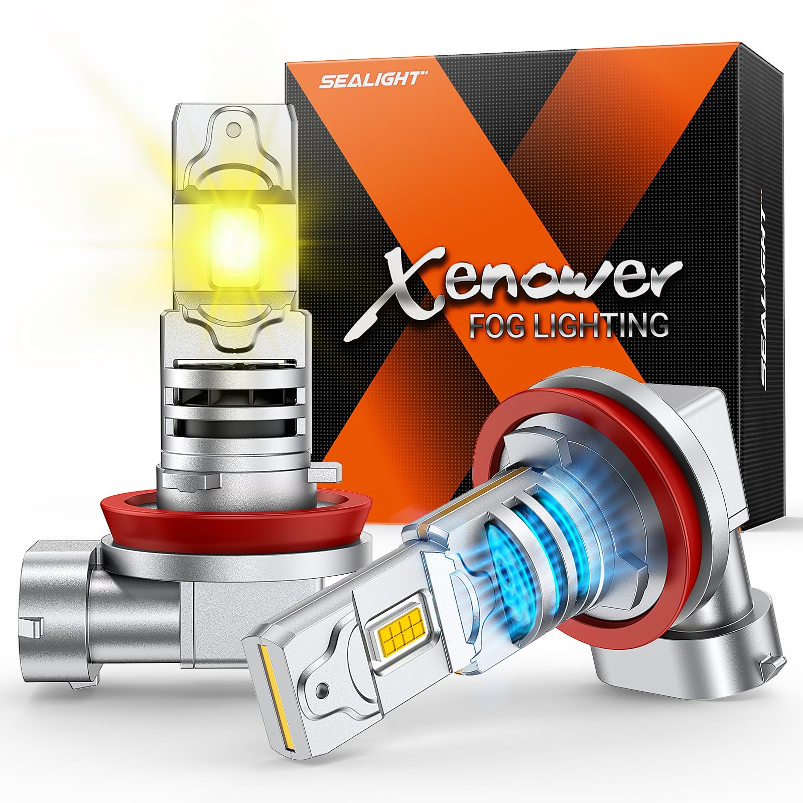 SEALIGHT H11 LED Bulb Yellow, 18000 Lumen Upgrade,1000% Brightness H11 Yellow Fog Lights, 12000RPM Cooling Fan, 60000H Lifespan, IP68, Pack of 2