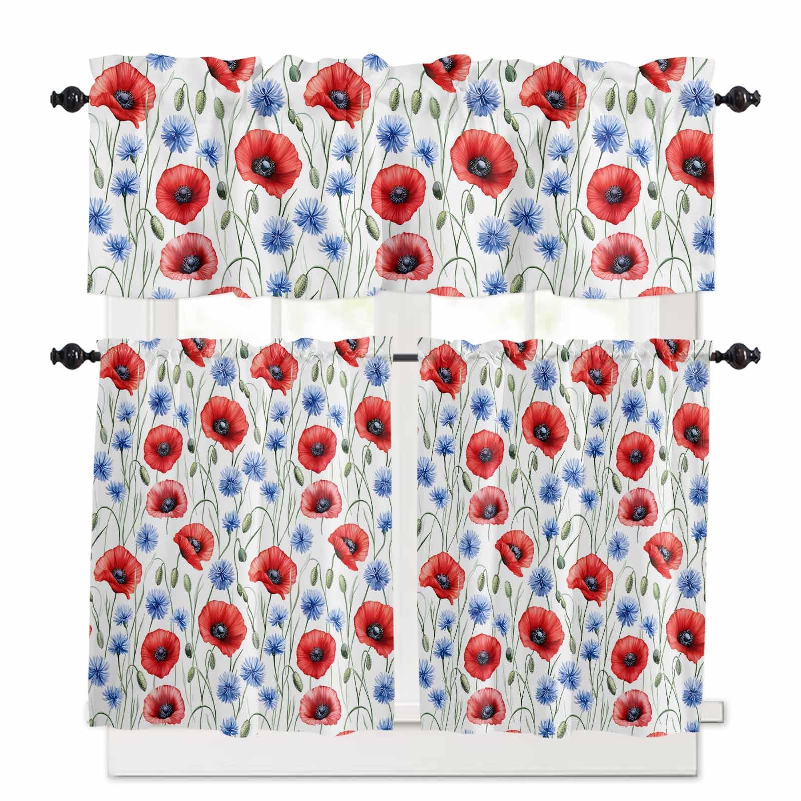 4th of July Flower Kitchen Curtains 36 Inch Length, 3 Piece Rod Pocket Small Half Tiers and Valance Set, Patriotic Red Blue Poppy Floral Small Large Window Treatment Decor for Bedroom/Bathroom Sink