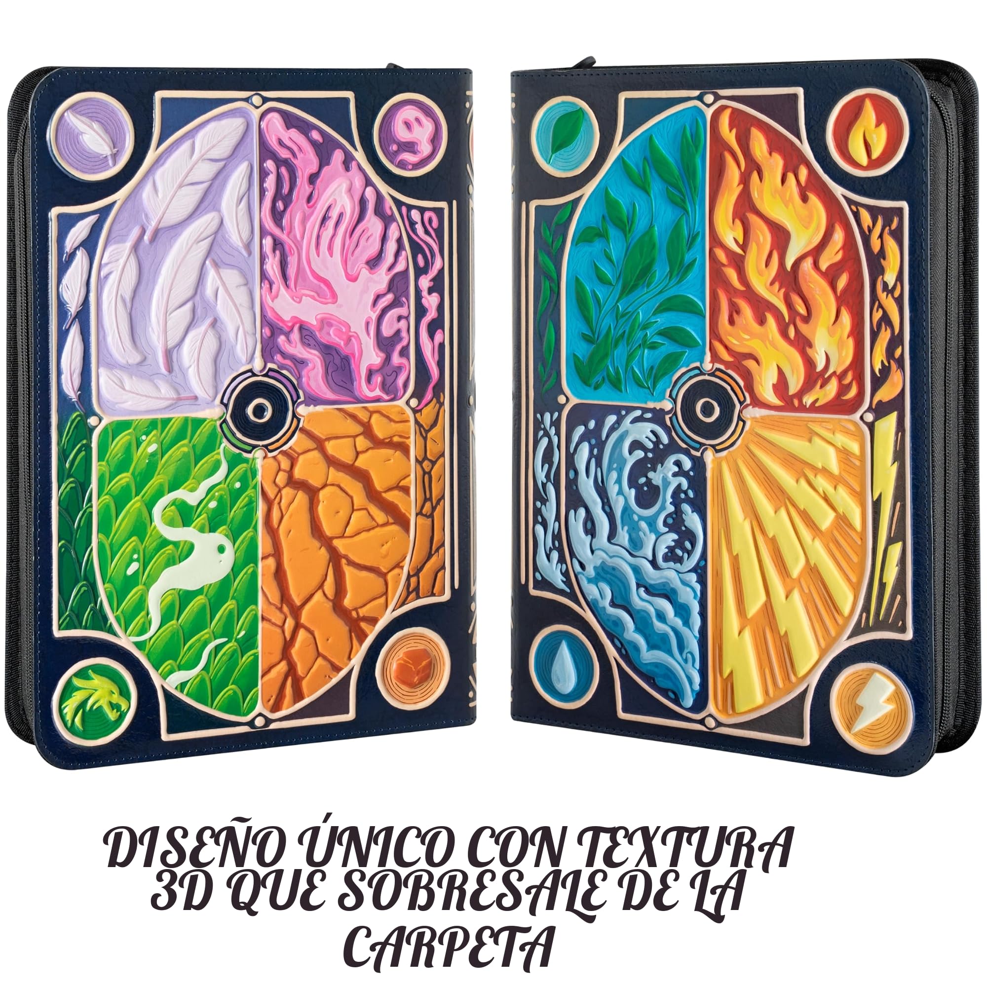3D Album Cartas para Pokemon - Diseño 3D Elemental en Relieve en Cuero PU. Archivador Cartas con Cremallera e 9 Bolsillo para 360 tarjetas. Card Binder/Album para Cartas Pokemon Grande