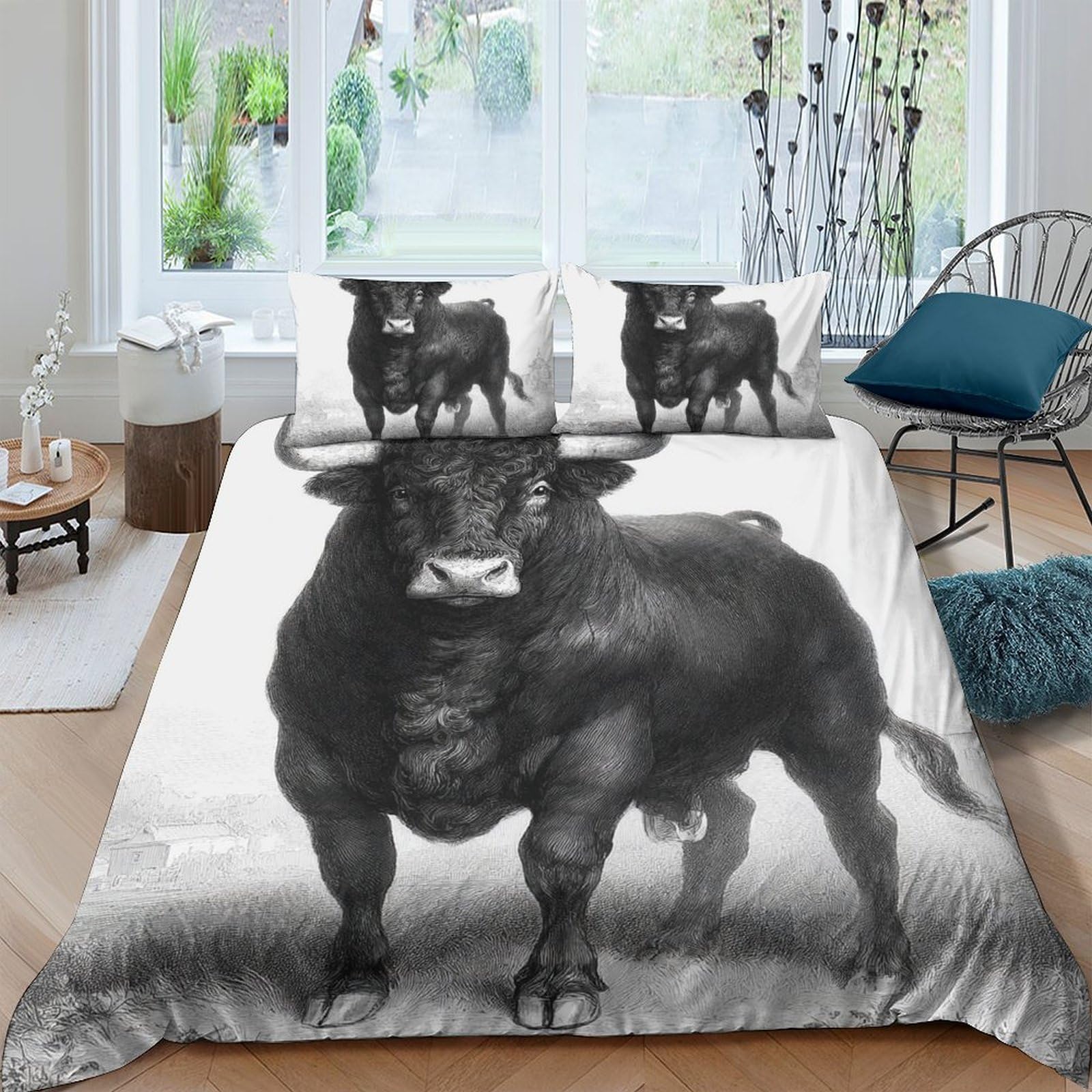 GPLZQXKJNH 3D Printed Black Bull Duvet Cover Microfiber Soft Breathable Wild Animal Bedding Set with 2 Pillowcases for Bedroom Decor Single（135x200cm）
