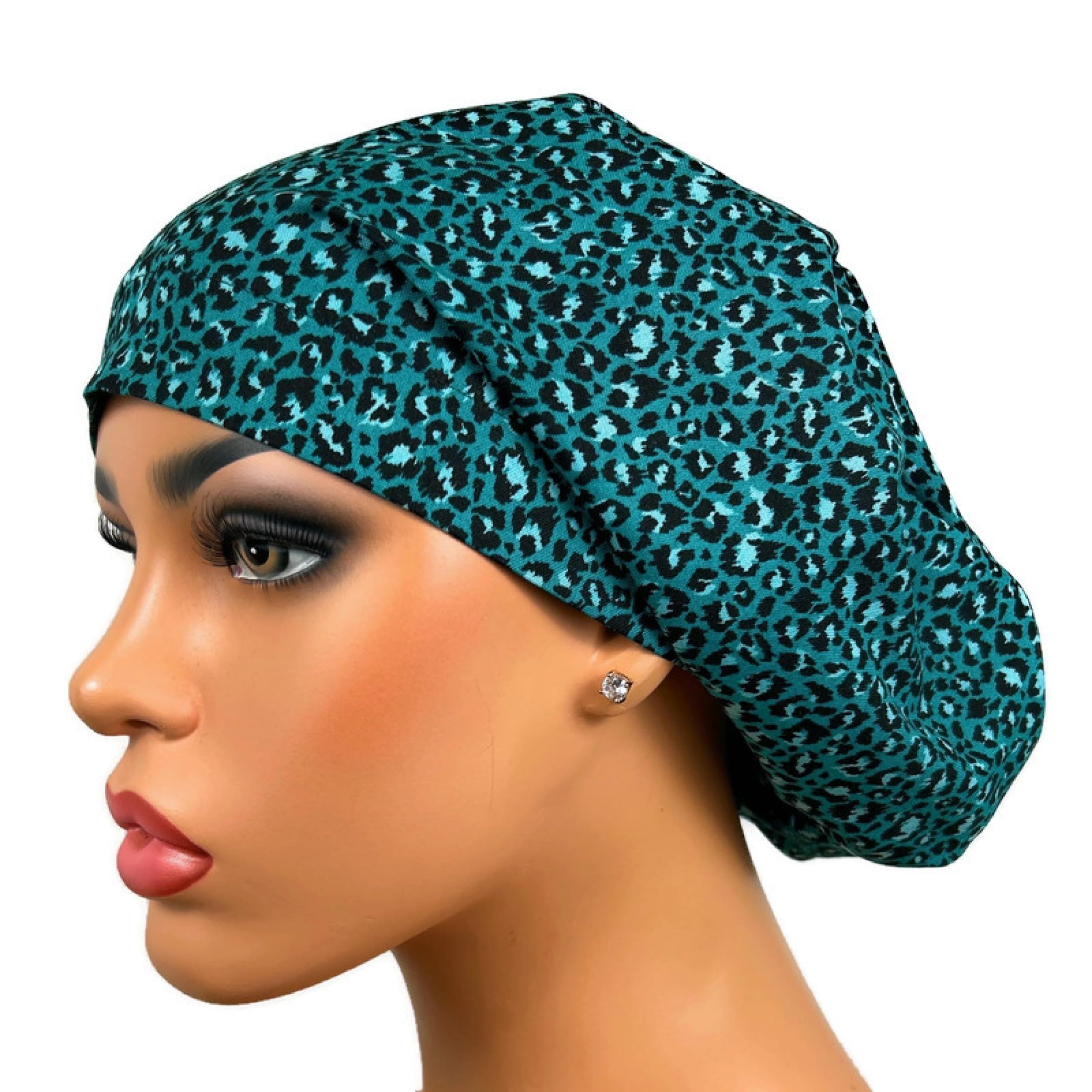 Euro Scrub Hat, Surgical Scrub Cap, Animal Print Nurse Scrub Hat, DK Scrub Hats, Teal Black Cheetah