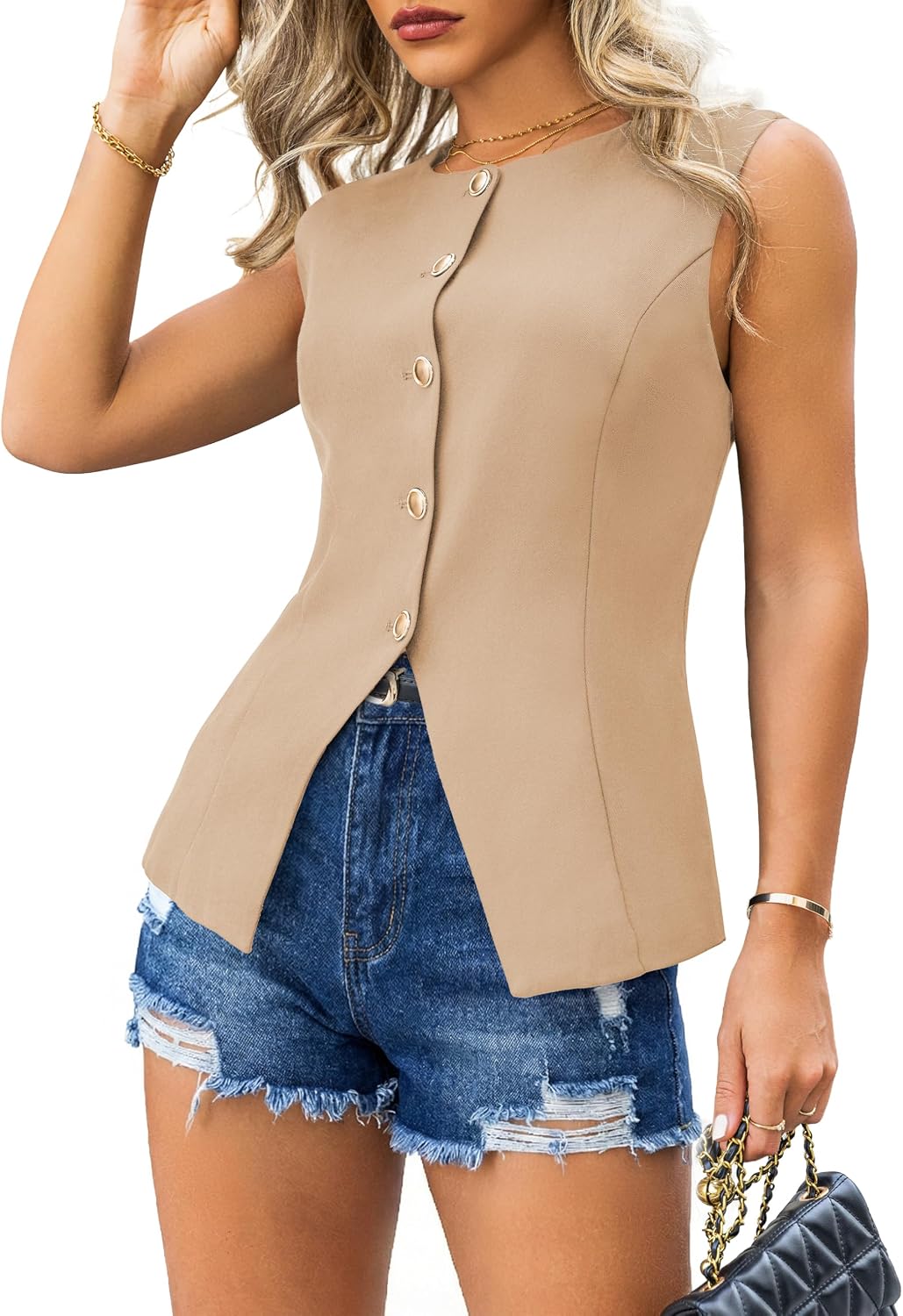 ASUOAgio Women’s Sleeveless Business Casual Blazer Vests Dressy Button Work Tops Trendy Party Summer Suit Vests S-XL