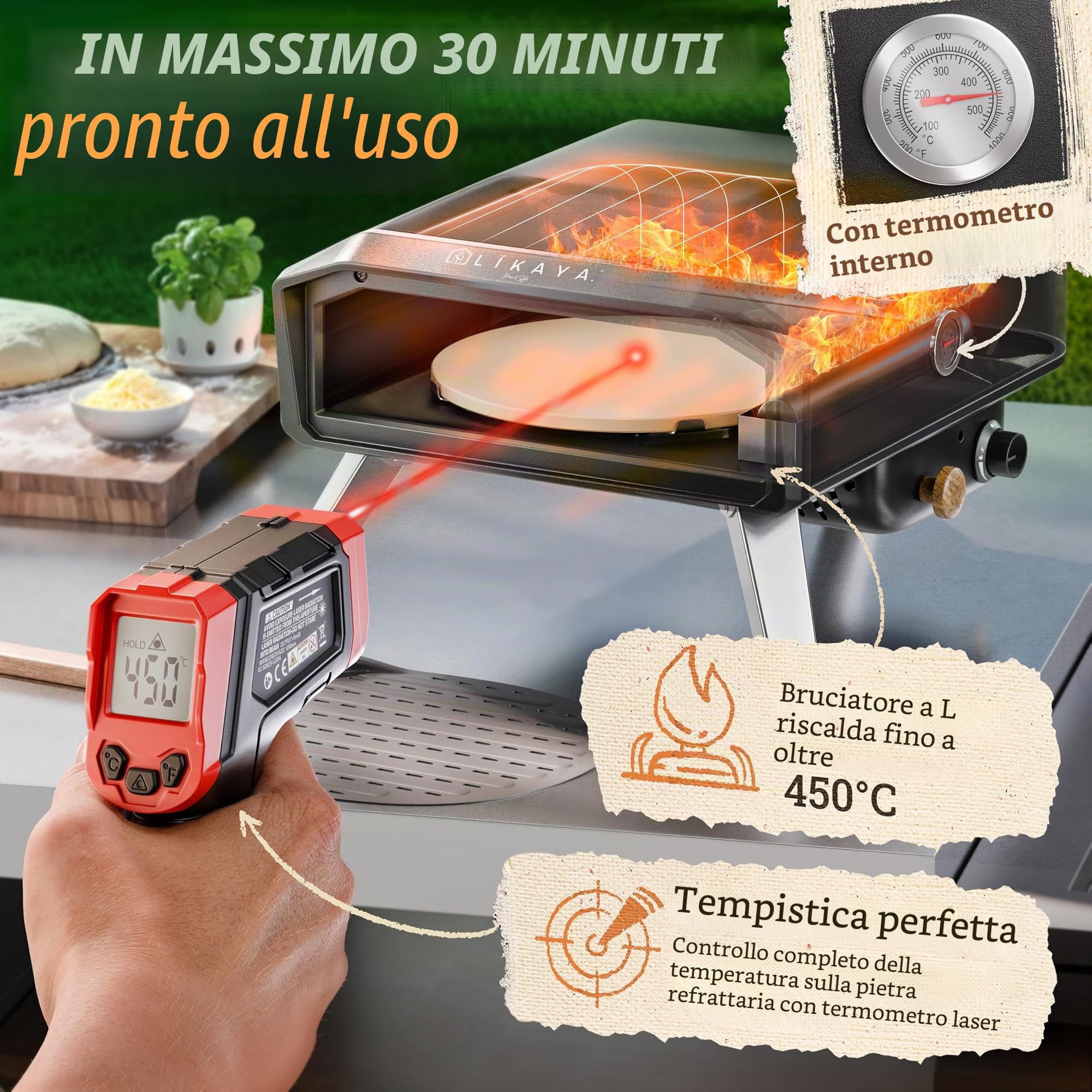 LIKAYA NeroSpin - Forno per pizza a gas, 6,2 kW, per esterni, 450 °C, con pietra per pizza, piatto girevole, pala per pizza, borsa e termometro laser, per pizza croccante in soli 90 secondi