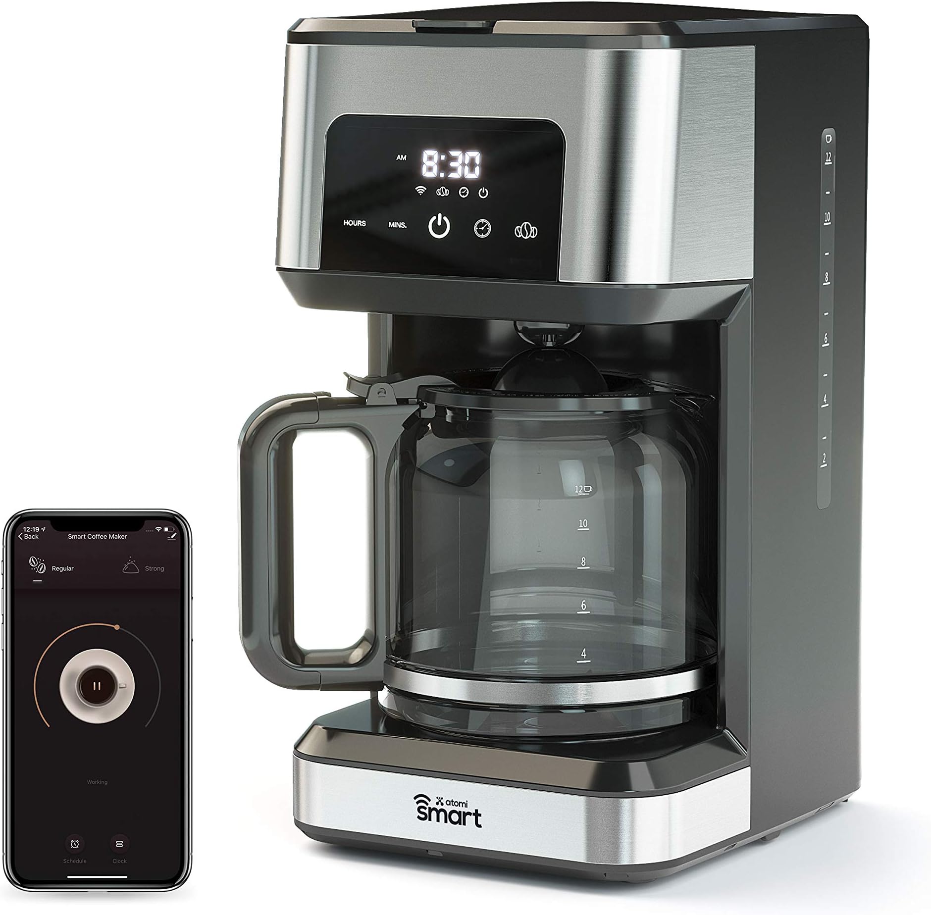 Atomi Smart WiFi Coffee Maker - No-Spill Carafe Sensor, Black/Stainless Steel, 12-Cup Carafe, Reusable Filter, Customization Features, Control with Voice or App, Works with Alexa and Google Assistant