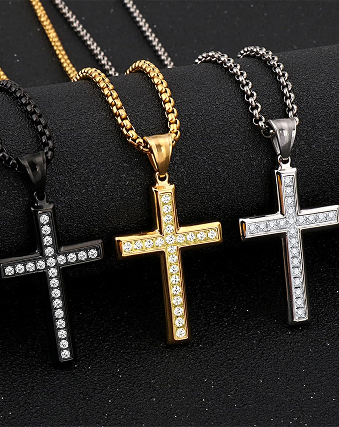 Cross Necklace for Men Stainless Steel Crucifix Pendant Silver White Gold Yellow Black Jesus Christ Plain Simple Women Fine Jewelry Gifts, 24 Inches Rolo Chain, Zirconia, Polished, Rope - Image 5