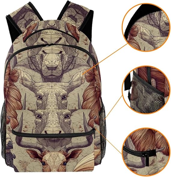 Casual School Backpack Outline Animals Pattern Bookbag High Capacity & Adjustable Strap