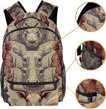 Casual School Backpack Outline Animals Pattern Bookbag High Capacity & Adjustable Strap