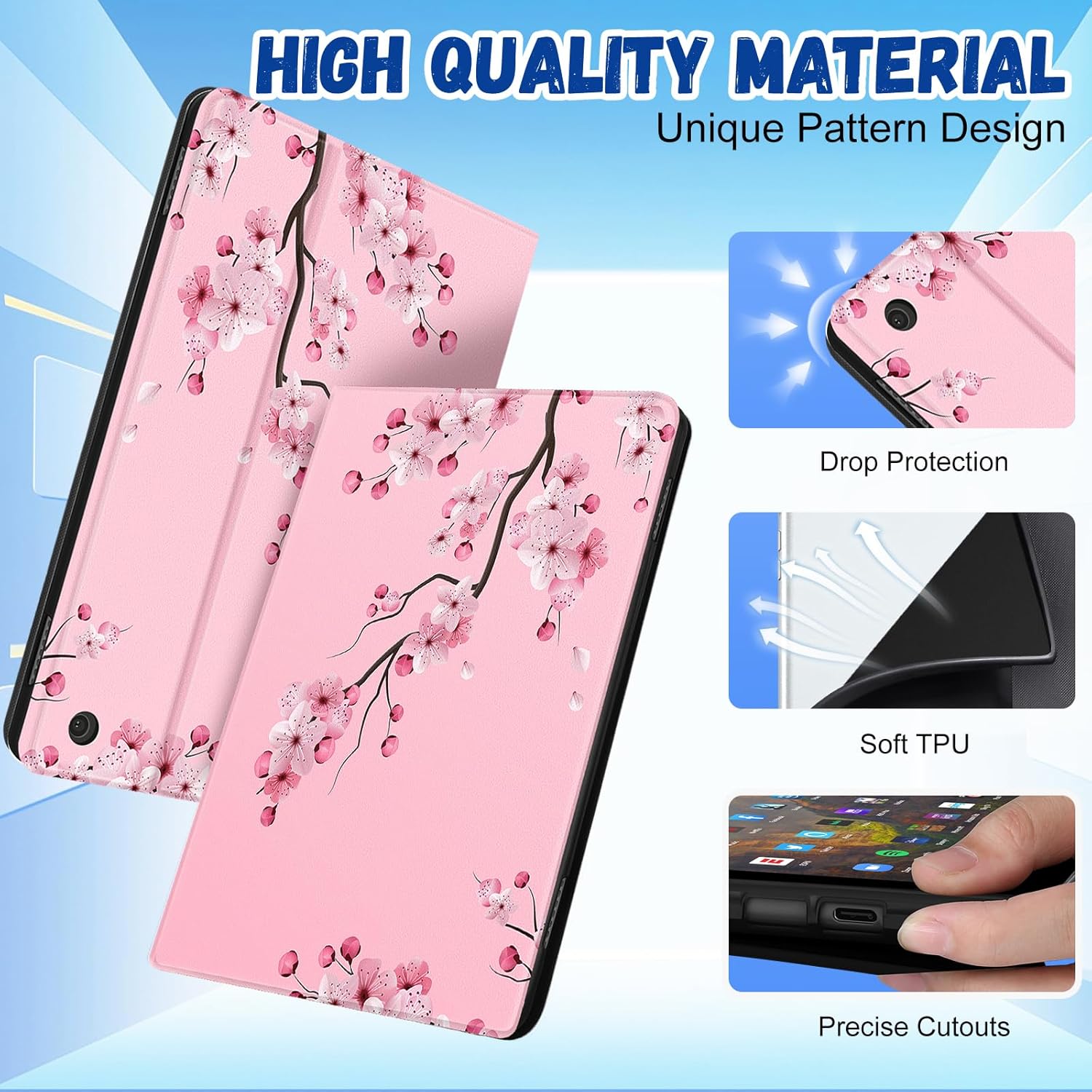 Wazzasoft for Amazon Kindle Fire HD 8/8 Plus Tablet Case 10th/12th Generation for Women Girls Folio Cover Cute Fashion Design Girly Floral Flower Kawaii Pretty Unique Cases for Kindle Fire Case 8 Inch