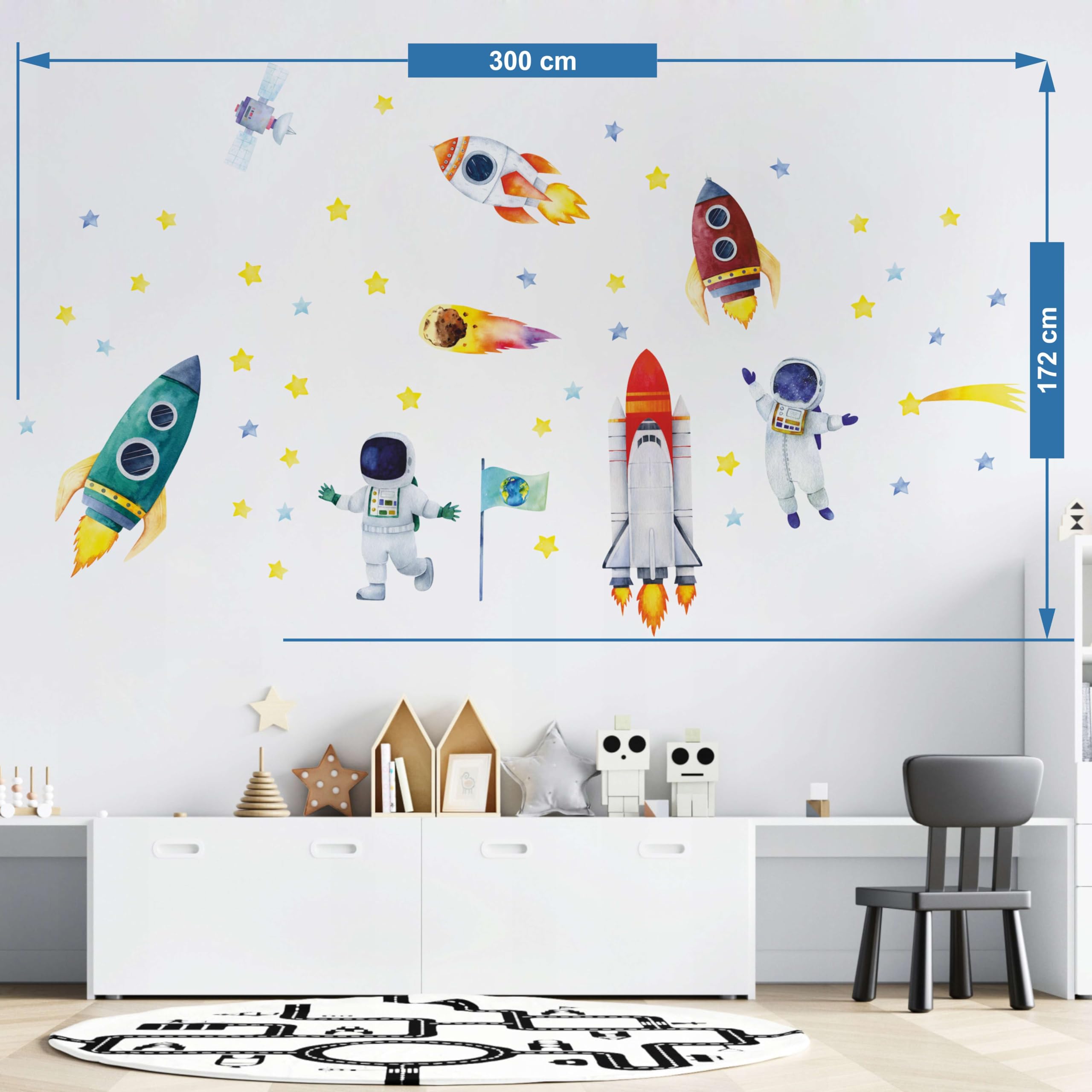 Adesivo da parete ad acquerello, spaziale, razzi, cosmonauti, peeling e incollaggio, spazi, camera da letto, sala giochi (XXL)