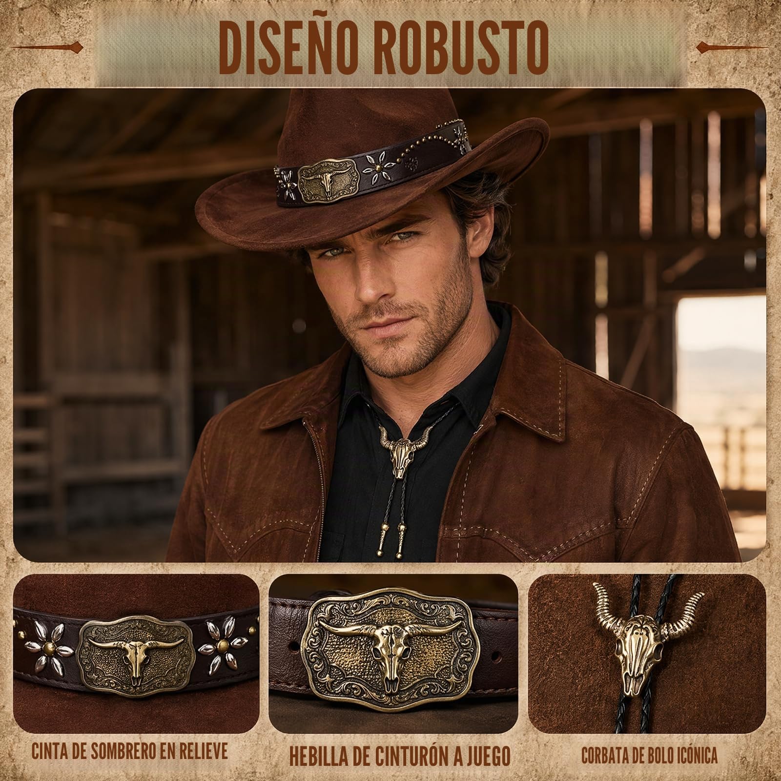 Sombrero Vaquero Estilo Oeste Americano Con Acabado Bronce Y Detalles De Cuero, Perfecto Para Rodeos, Fiestas Temáticas, Halloween Y Celebraciones Especiales