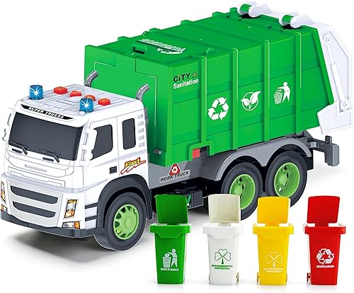 Vista 7 de MÖBIUS Toys - Camión de basura a escala 1:12 con sonidos, luces, cargador, 4 botes de basura para aprender gestión de desechos, juguete de reciclaje