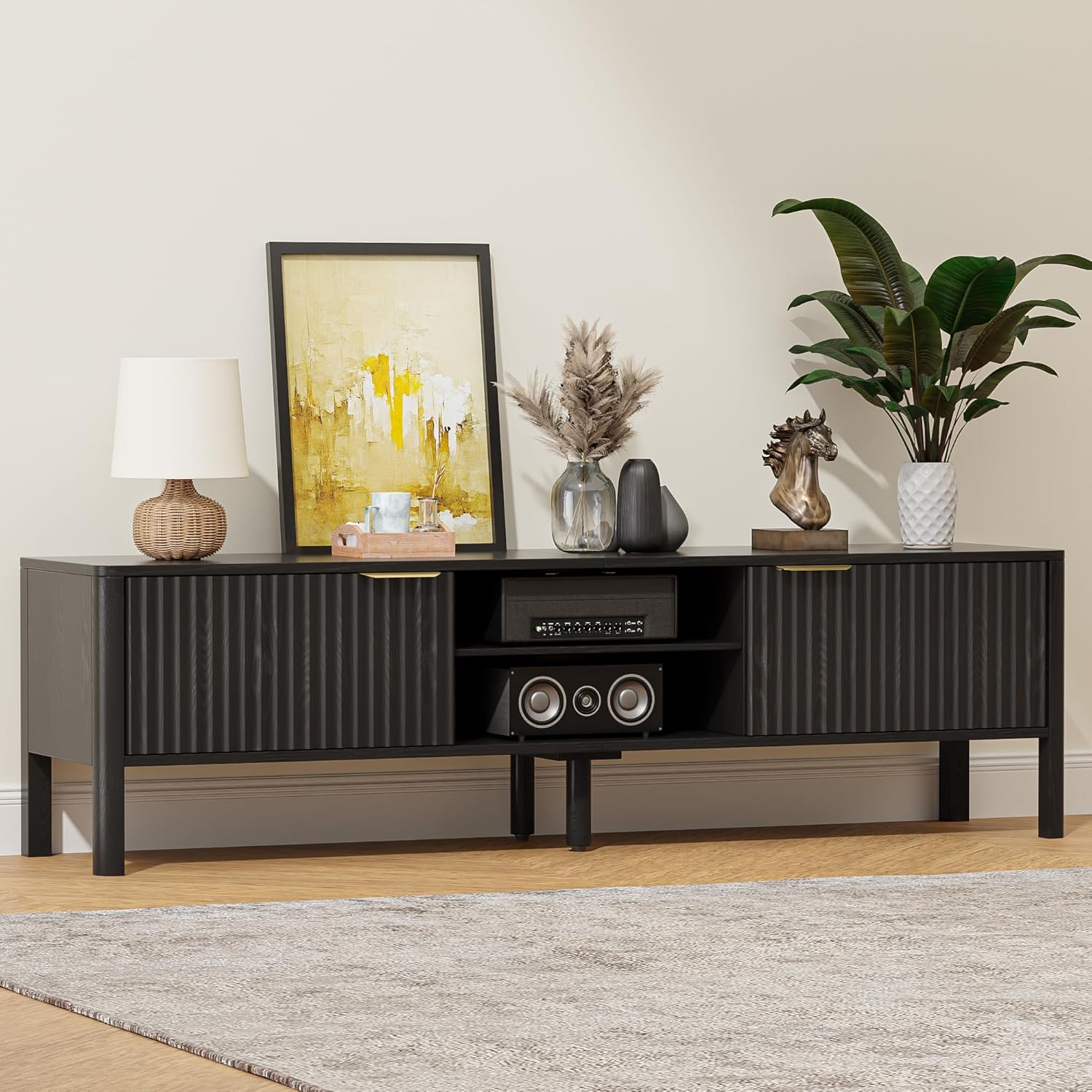 Black TV Stand, Mid Century Modern Entertainment Center with Storage, TV Table with Fluted Door Cabinets and Open Adjustable Shelves for Livingroom, Bedroom
