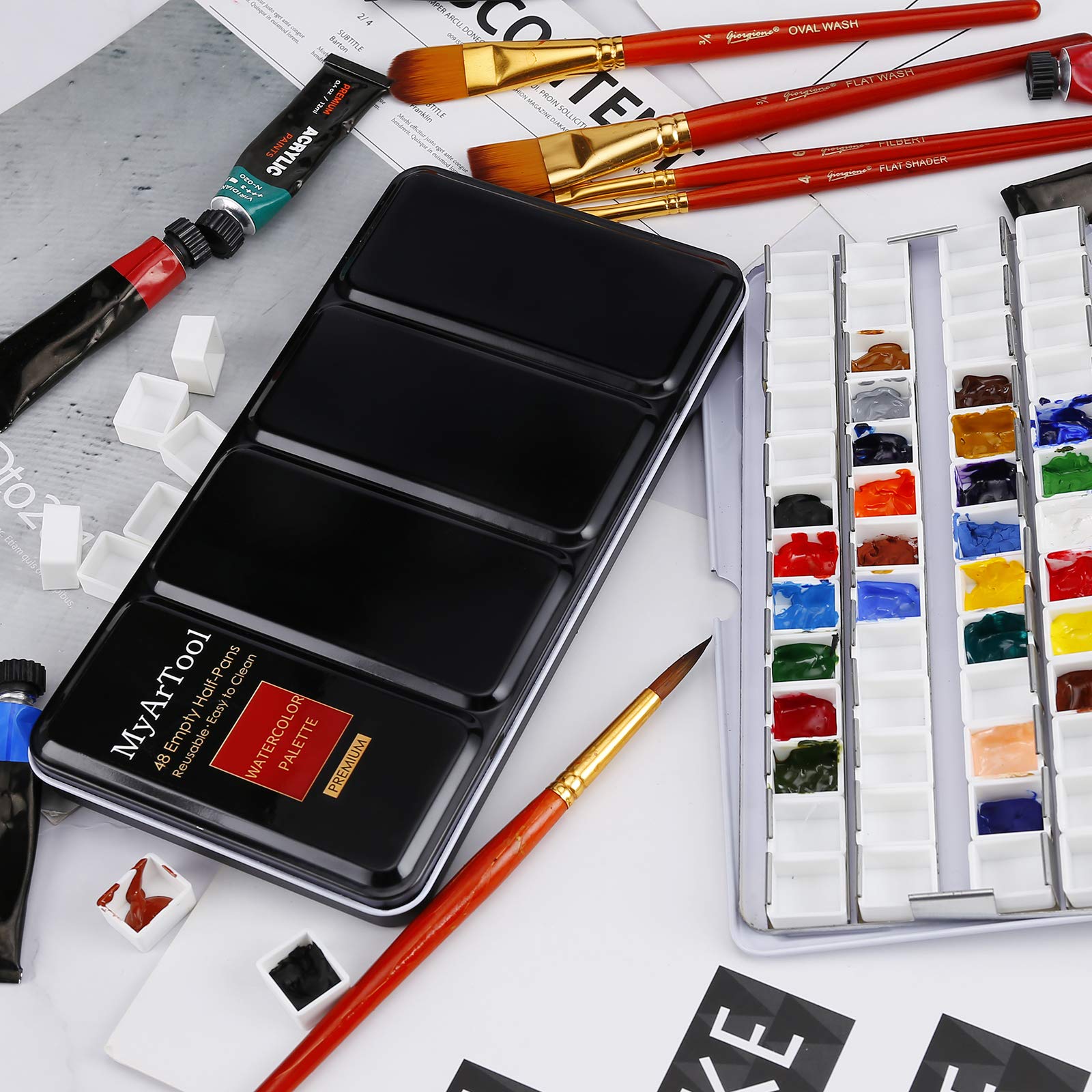 MYARTOOL Boîte de peinture en métal, palette pliable pouvant contenir 48 demi-poêles, palette de voyage, acrylique et aquarelle
