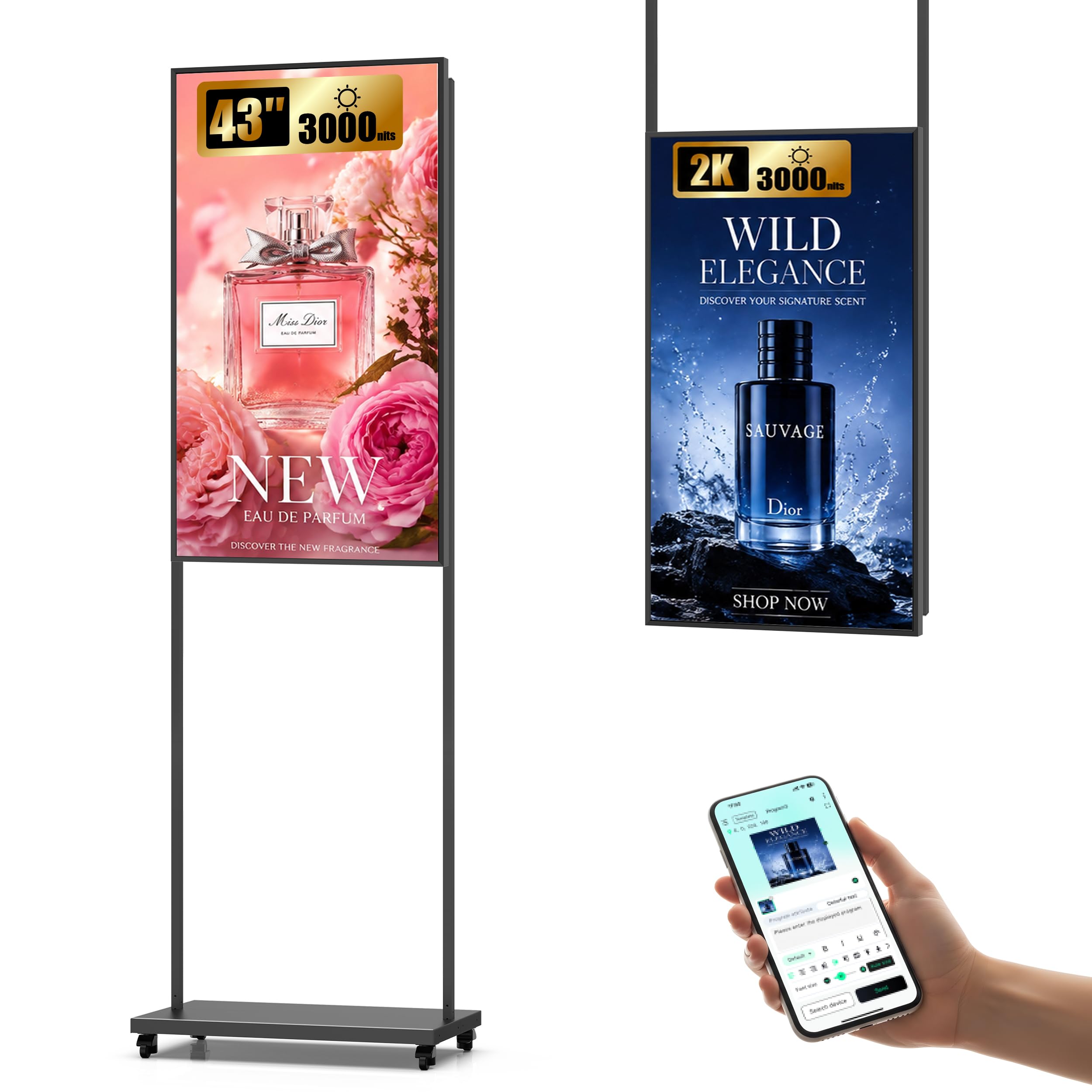 HARZHI 43'' Pantalla para Escaparate Interior, 3000 Nits de Alto Brillo, 2K Cartelería Digital para Escaparates, Control de App/Nube, Pantalla LCD Industrial para Tiendas de Lujo/Ropa, HDMI/USB/WiFi