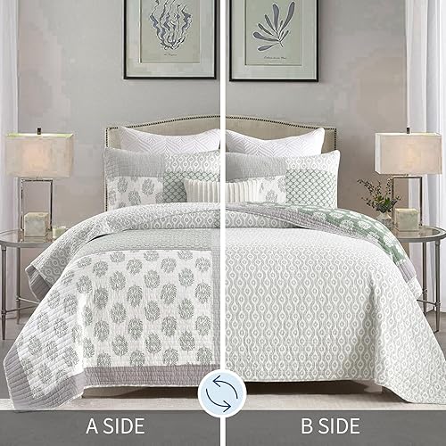 Miniatura 3 de Juego de edredón de retazos, tamaño Queen, juego de ropa de cama de verano 100% algodón, 3 piezas, edredón floral de granja para cama, colcha