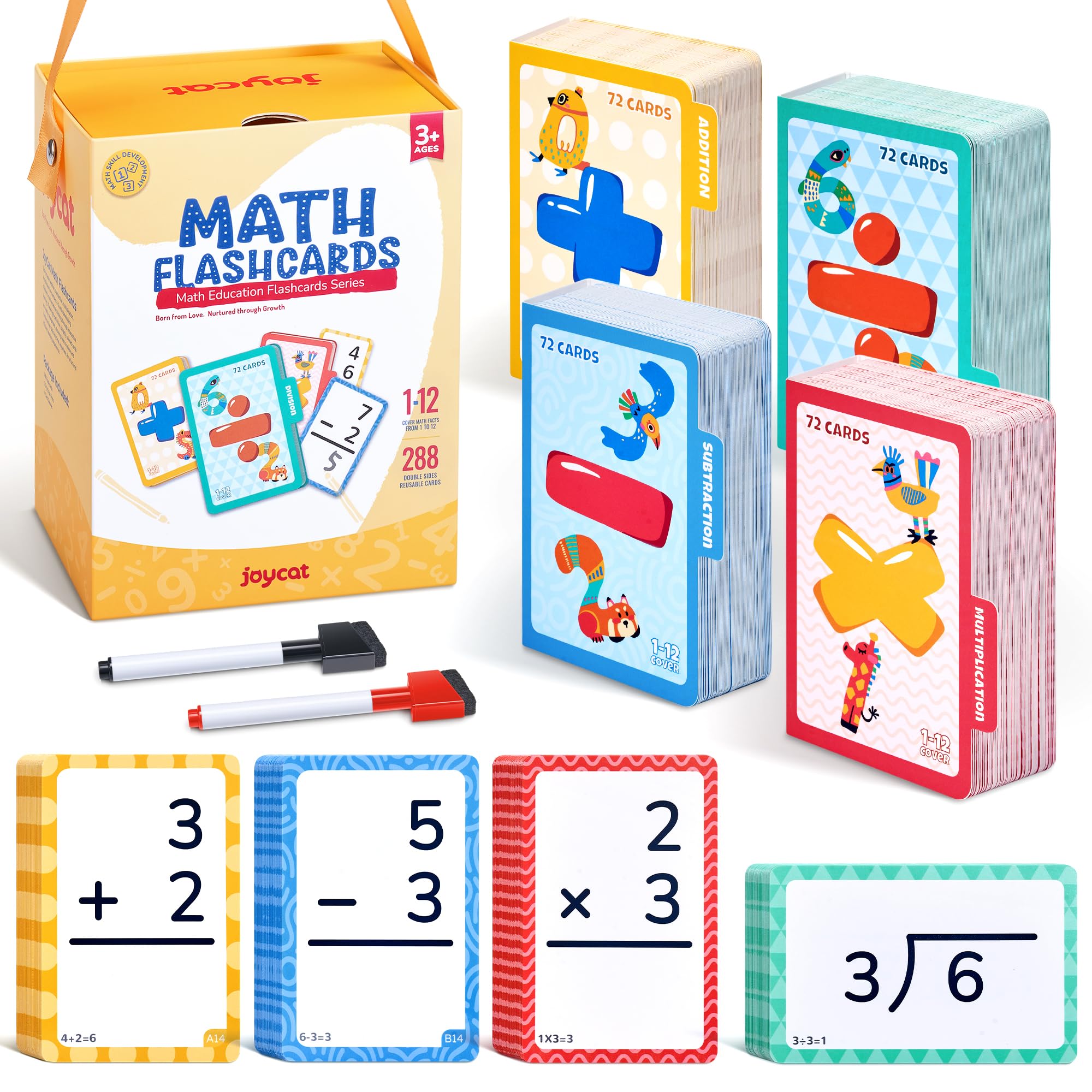 JoyCat 288 Math Flash Cards Set of 4- Multiplication, Division, Addition and Subtraction Flashcards for Kids 1st 2nd 3rd 4th 5th Grade or Kindergarten Homeschool Supplies