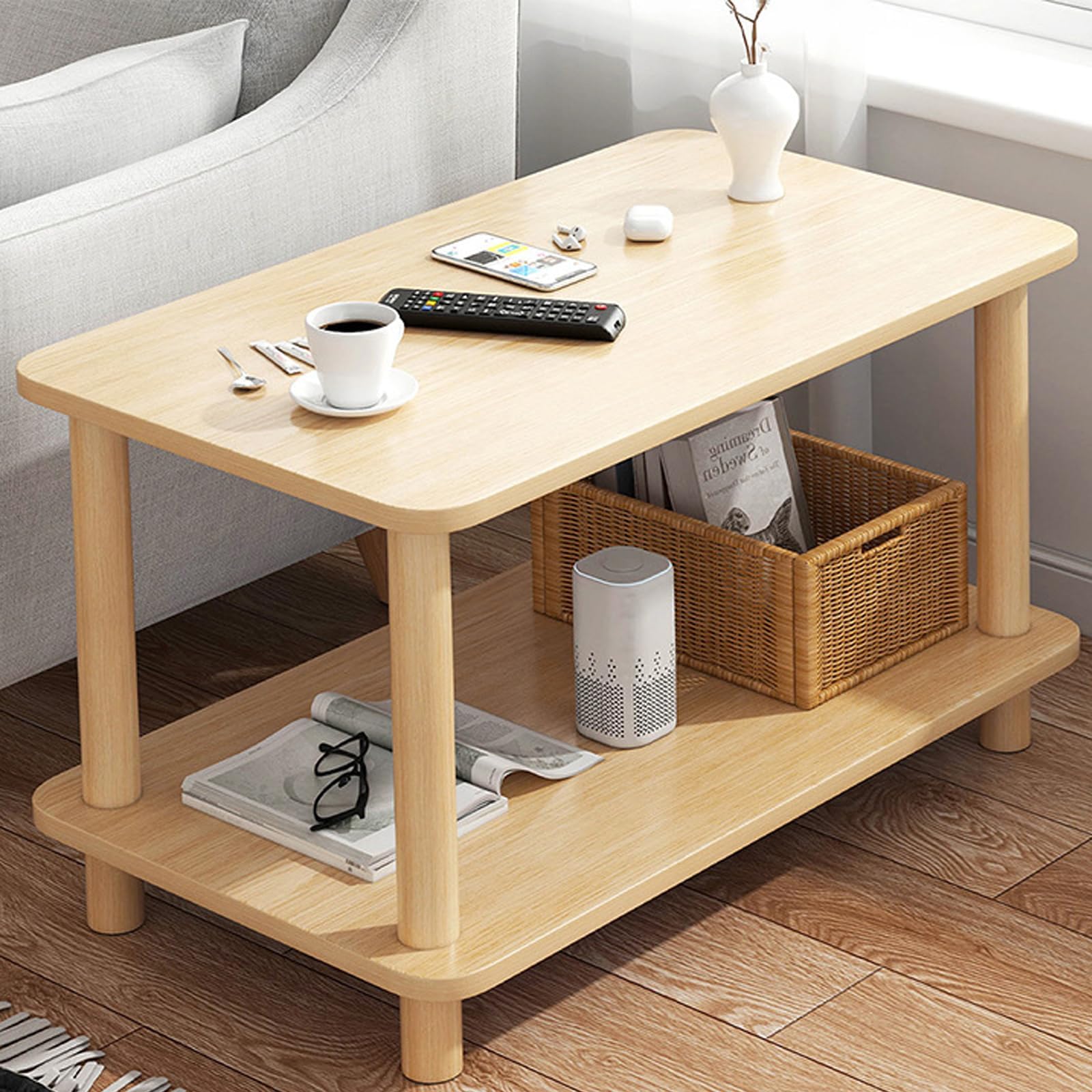 OYDAS Coffee table, Tea Table,End Table 60x30x53cm,Wood Sofa Table,Modern Minimalist Bedside Table with Storage Shelf,Rounded Corners,Coffee Table for Small Space,Bedroom, Living Room,Balcony (is19)