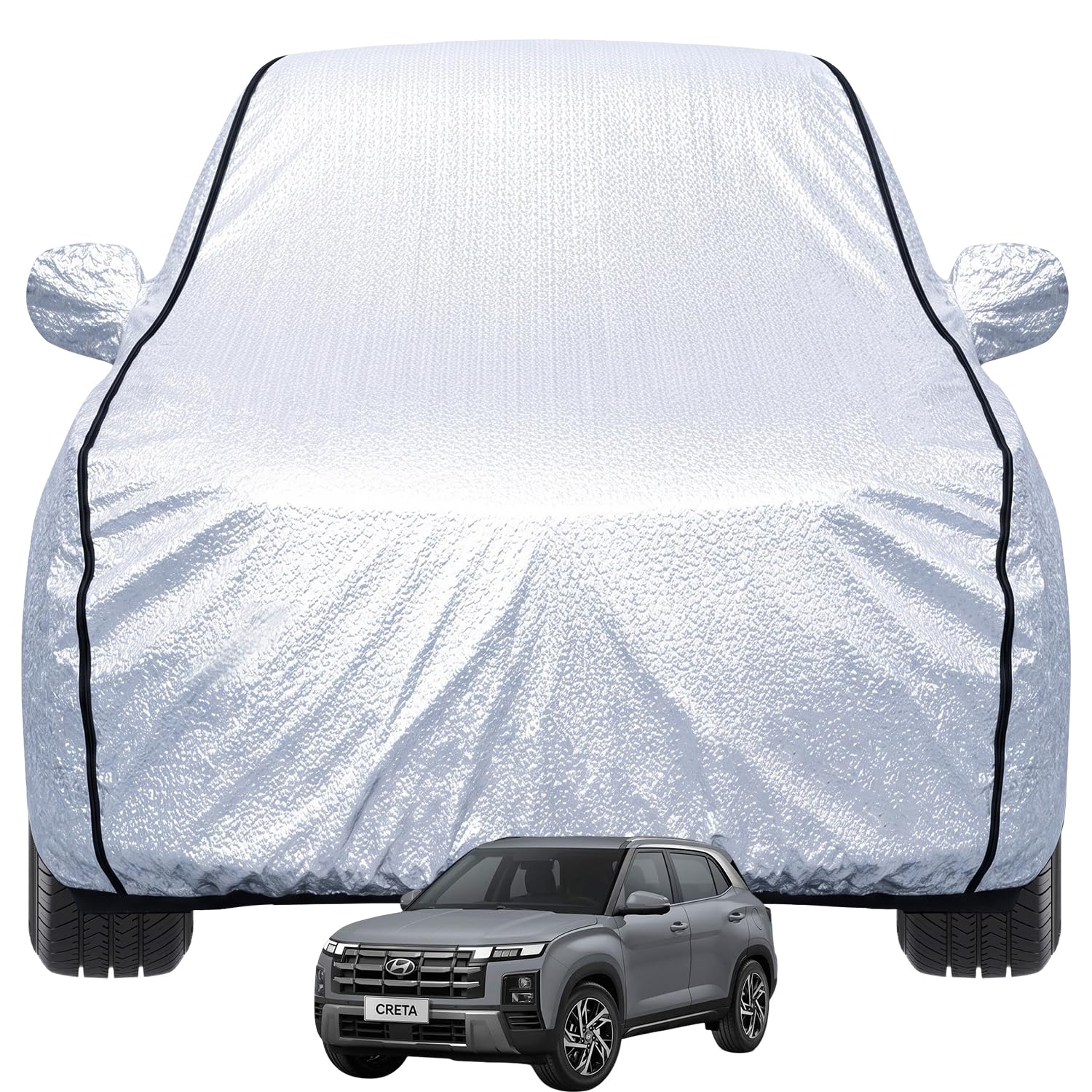 Pivalo Car Cover for Hyundai Creta All Model & Years (2015-2026) 100% Waterproof with Mirror Pockets, Triple Stitched Bottom Elastic Dustproof Full Body Protection (Heat & UV Resistant, Silver)-image-14