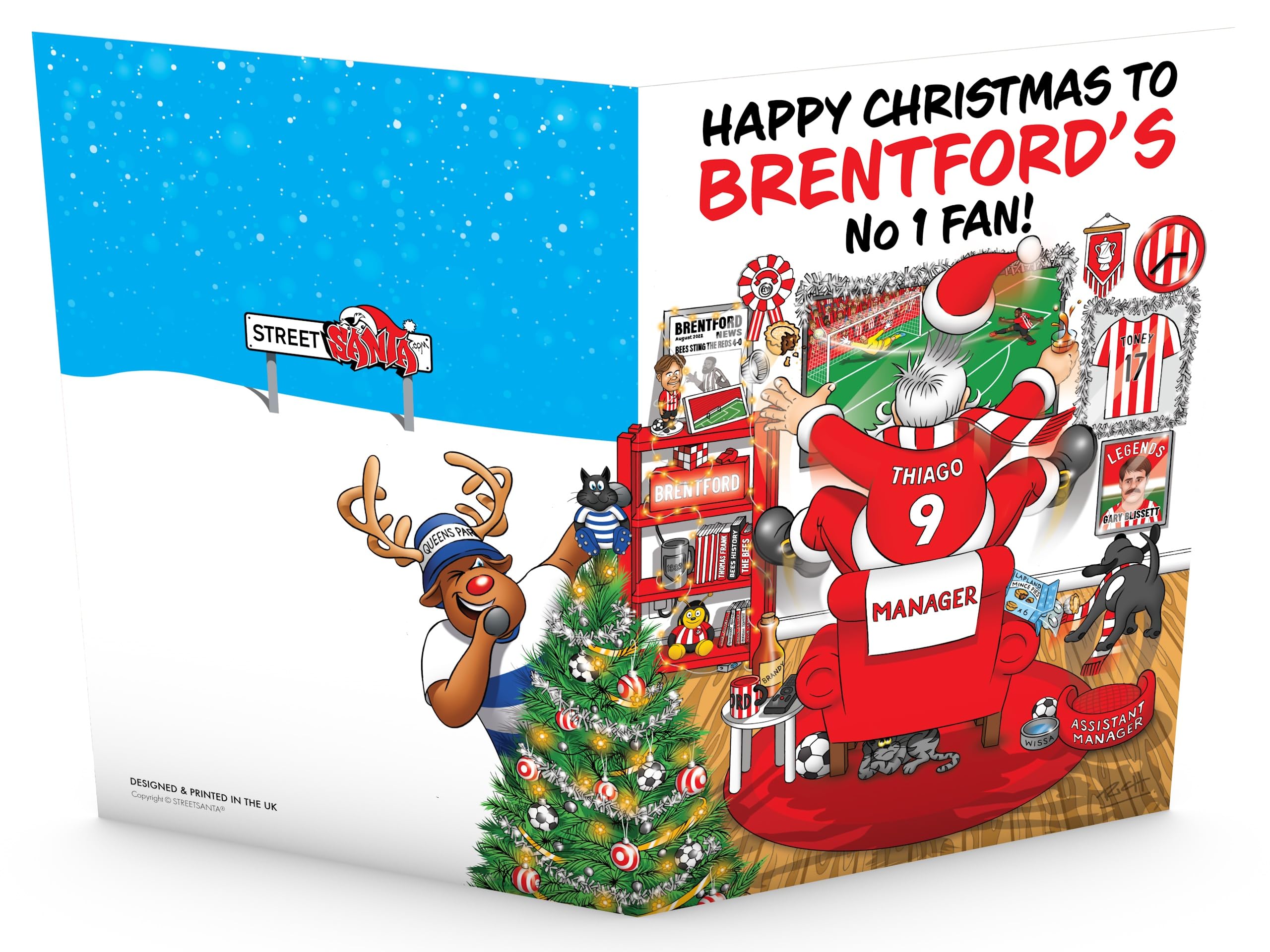 Football Christmas Card for Brentford Fans Pack of 6 Cards Santa Jumping Out of Chair to Support Team Funny Rear of Card Showing Rudolph Supporting Rival Club Large A5 Made in UK - Image 4