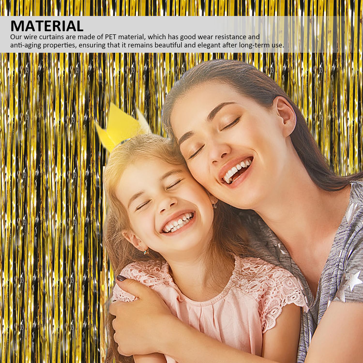 Confezione da 3 tende metalliche, stelle filanti scintillanti, per feste, decorazioni, sfondo, porta, finestra, decorazione, accessori per feste serali, feste (nero e oro)