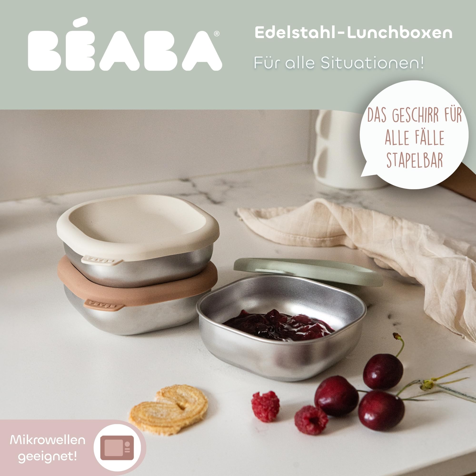 BÉABA Edelstahl-Babybreibehälter Set – Hermetische & Bruchsichere Aufbewahrungsdosen, Mikrowellen- & Gefriergeeignet, BPA-frei, Geruchslos, Wiederverwendbar & Tragbar – Natural Set