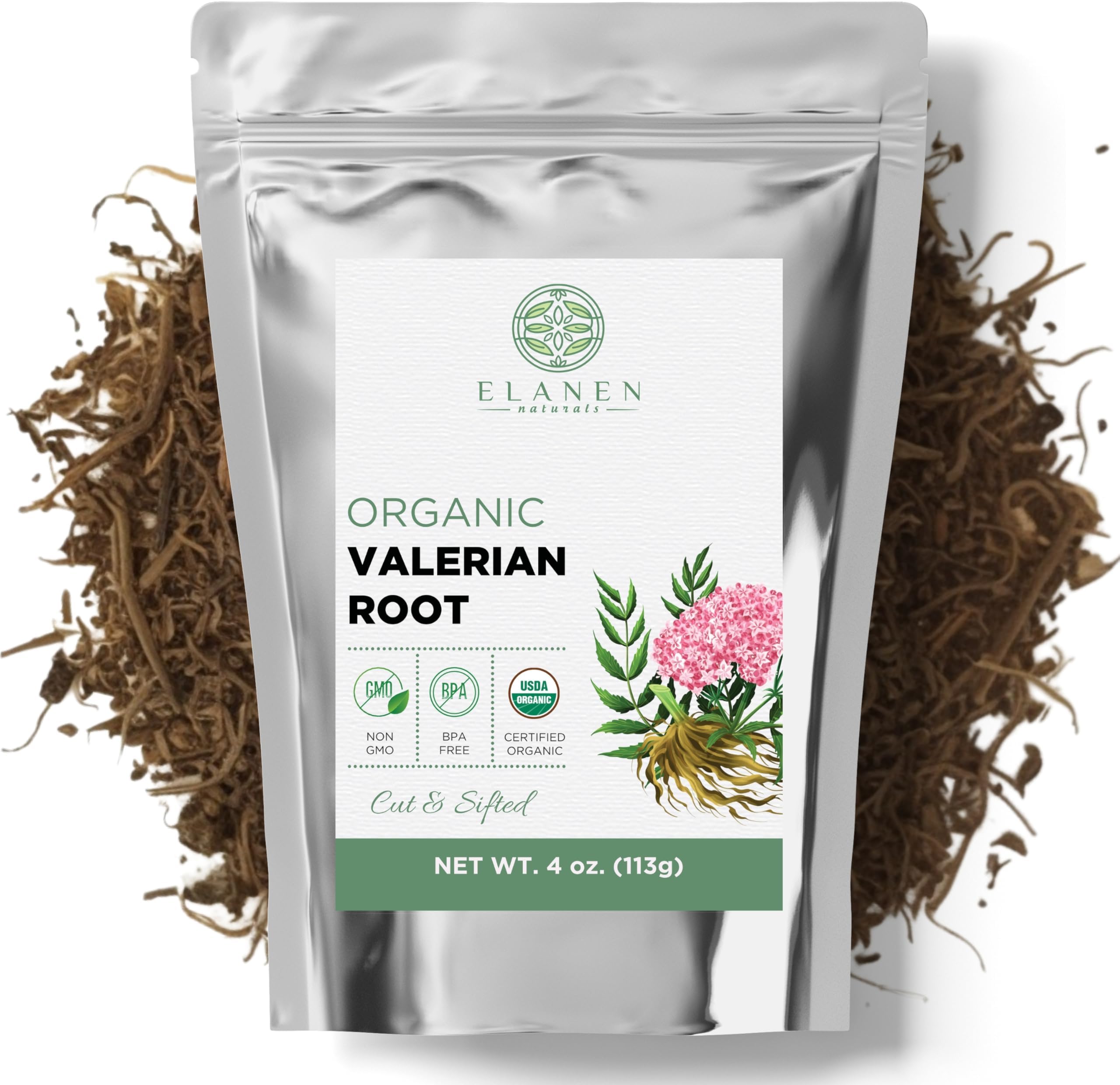Elanen Naturals Organic Valerian Root 4 oz. (113g), USDA Certified Organic Valerian Root Herb Tea, Te De Valeriana Para Dormir, Valarian Officinalis Whole Loose Leaf, Cut & Sifted