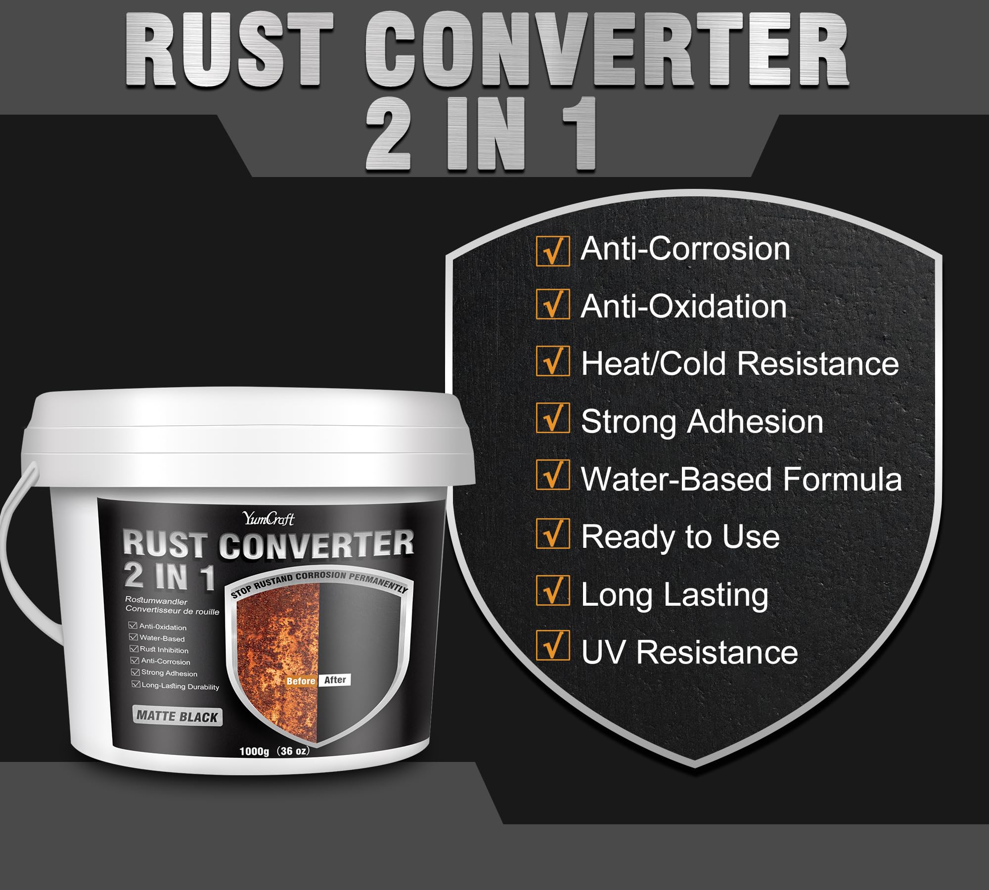1000ml 2-in-1 Rust Converter Paint & Metal Primer, Black Water-Based Rust Reformer, Ultra Rust Inhibitor & Heat Resistant Anti-Corrosion Coating for Automotive Chassis, Marine, Railings & Fences — view 4