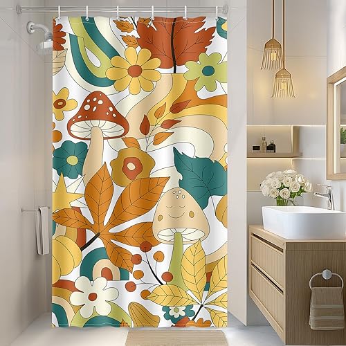 Miniatura 67 de Aimego Cortinas de ducha bohemias con diseño floral de hongos - Juego de cortina de ducha bohemia retro de los años 70 con flores amarillas