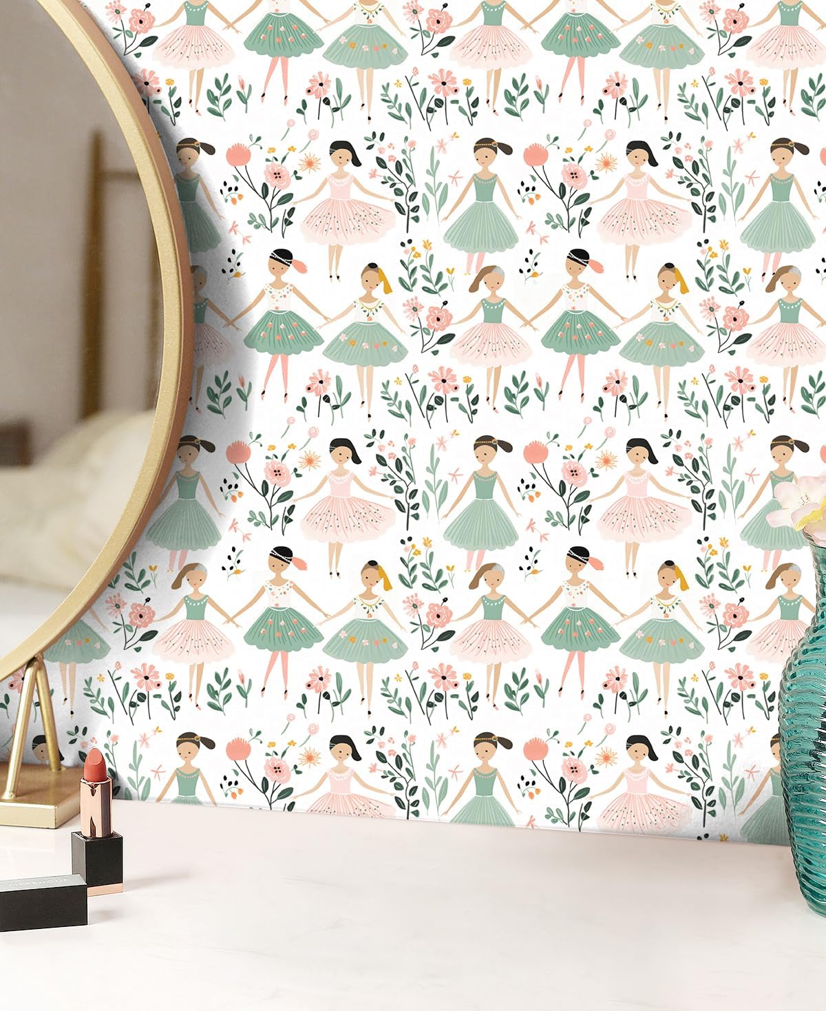 HAOKHOME Nursery Wallpaper Peel and Stick Kids Baby Wall Paper Modern Dancing Girls White/Pink/Green Removable Vinyl Self Adhesive Contactpaper 17.3in x 9.8ft