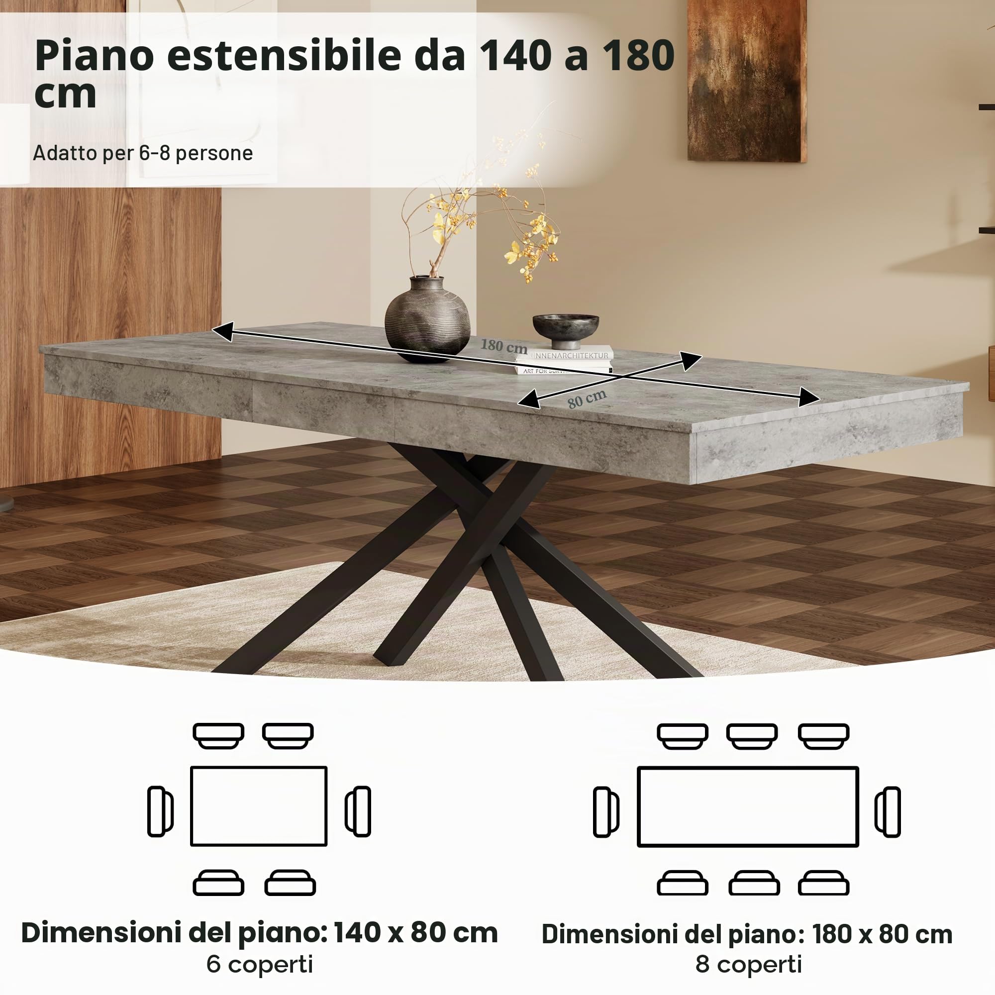 SACOOL Tavolo da pranzo allungabile, 140/180 x 80 cm, adatto per 6-8 persone, forma destra, tavolo ispessito, gambe in metallo, stile semplice, tavolo per sala da pranzo, cucina, soggiorno, grigio