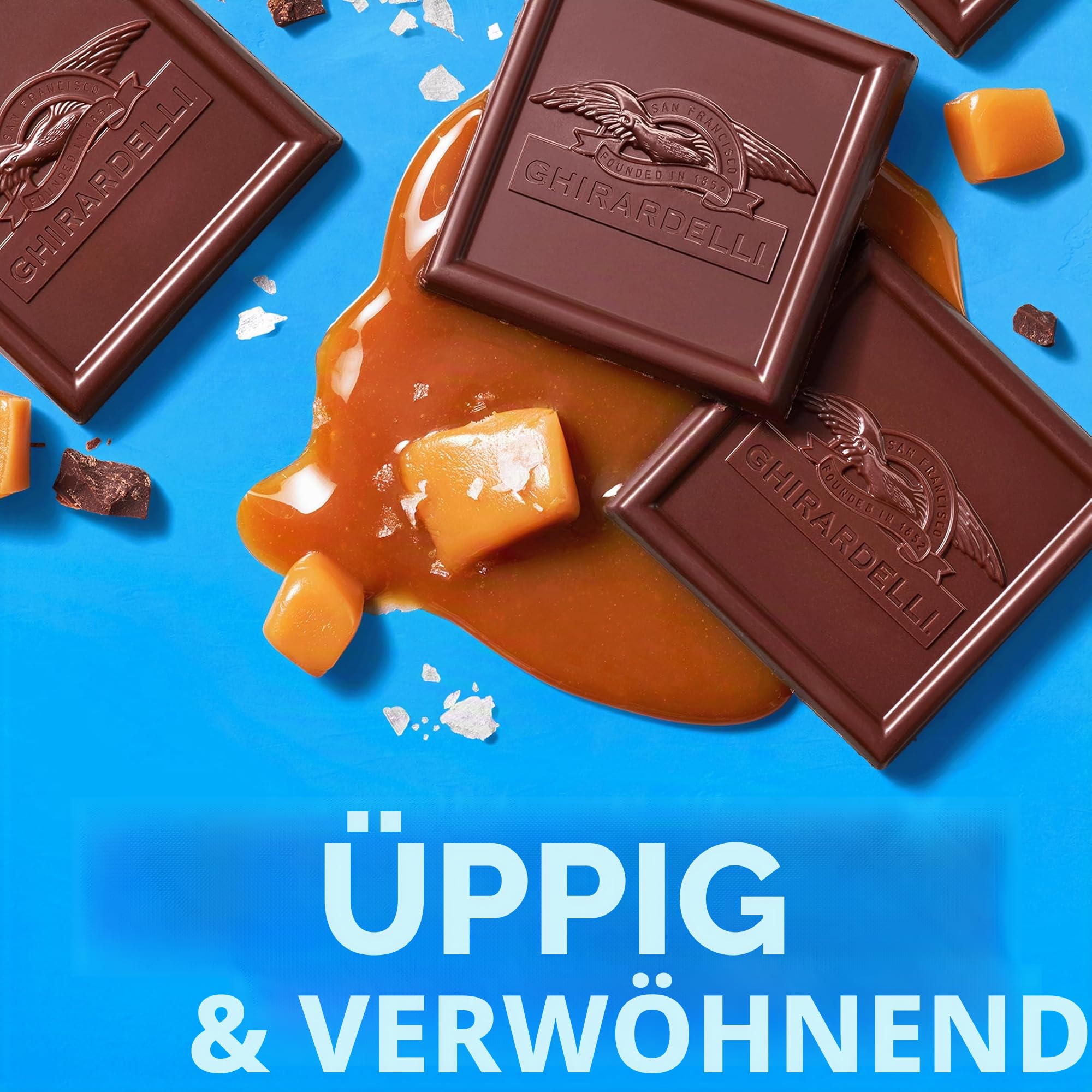 GHIRARDELLI Dunkle Schokolade Meersalz Karamell Quadrate – Premium einzeln verpackte dunkle Schokolade Süßigkeiten mit Butterkaramellfüllung und Meersalz, 470 ml Beutel