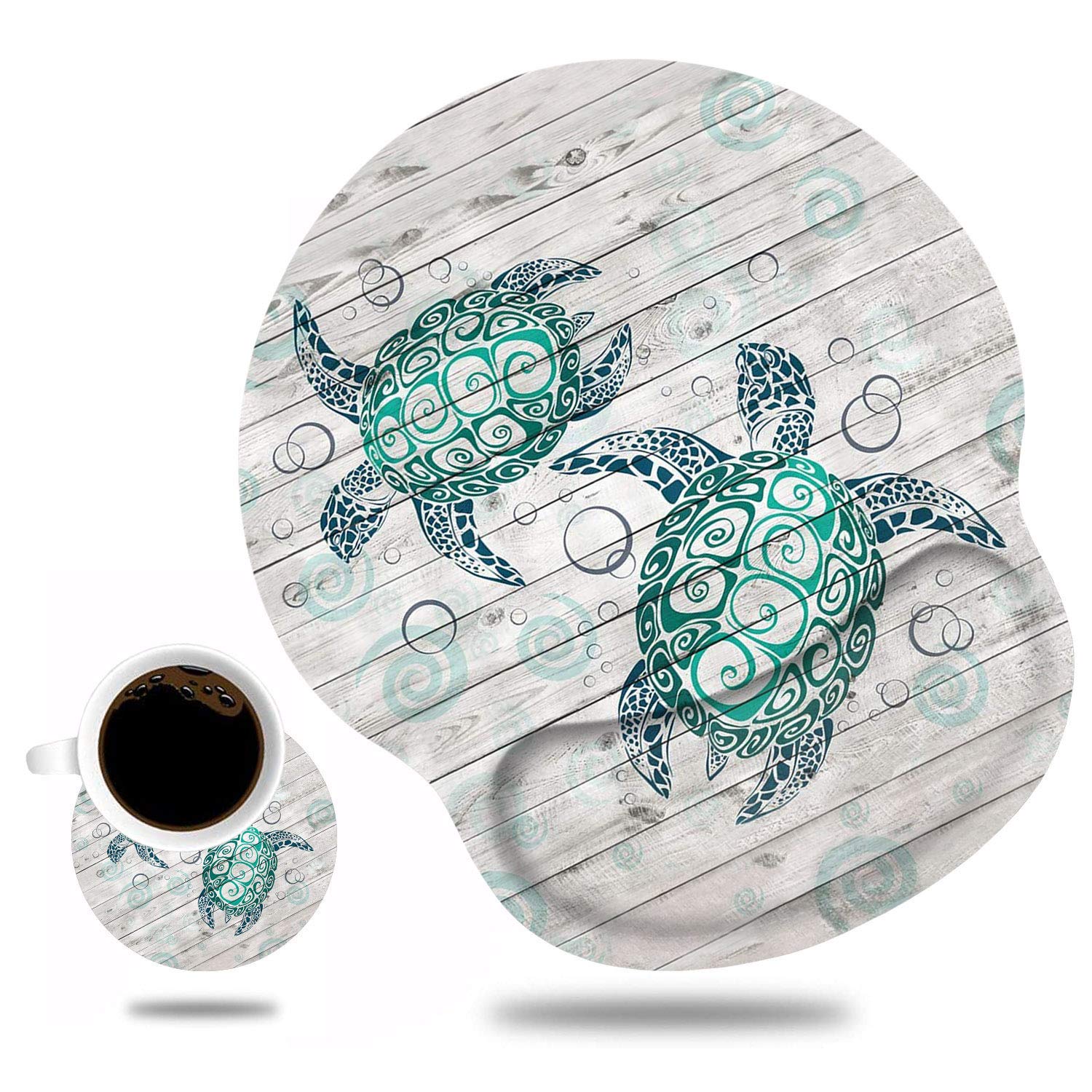 Ergonomic Mouse Pad Wrist Support and Cute Coffee Coaster, Non Slip PU Base Mouse Pad Wrist Rest for Computer, Office Gaming, Working, Easy Typing & Pain Relief, Baby Sea Turtle