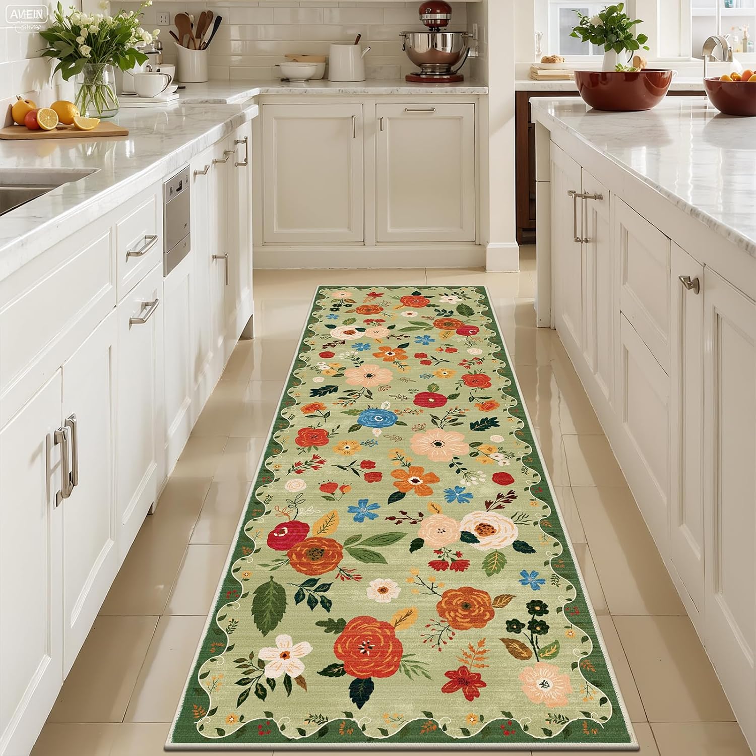 U'Artlines 2'x6' Boho Runner Rug for Hallways Kitchen Colorful Floral Soft Non Slip Washable Floor Carpet Runners for Entryway Laundry Room Bathroom Green