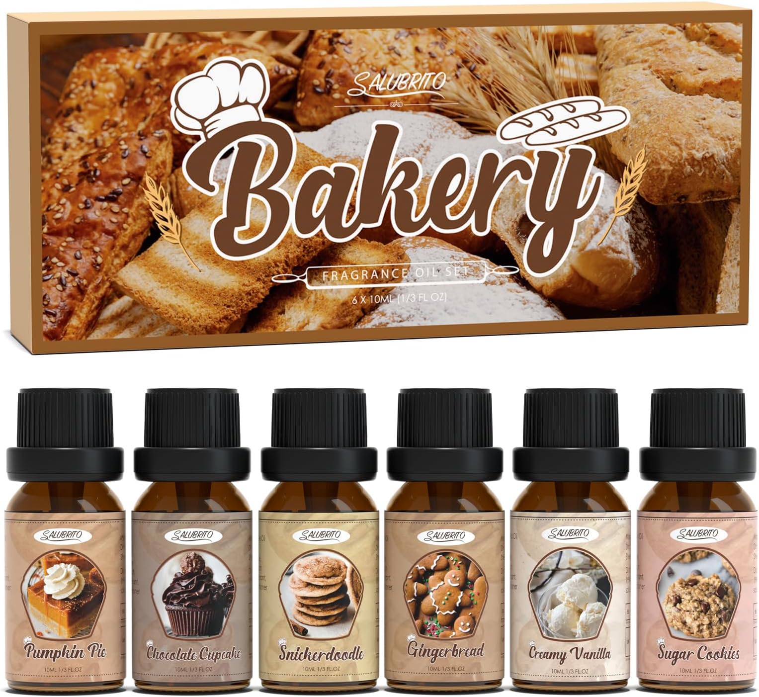SALUBRITO Sweet Bakery Essential Oils Set, Autumn Fragrance Oils for Diffuser, Candle, Soap Making Scented Oil, Cinnamon, Spiced Cider, Pumpkin Pie, Coffee Cake, Gingerbread, Vanilla Aromatherapy Oil