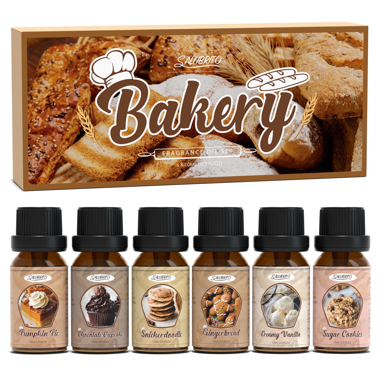 SALUBRITO Bakery Fragrance Oils Set, Premium Essential Oils Set for Candle, Soap Making, Diffuser - Pumpkin Pie, Chocolate Cupcake, Snickerdoodle, Gingerbread, Creamy Vanilla, Sugar Cookies