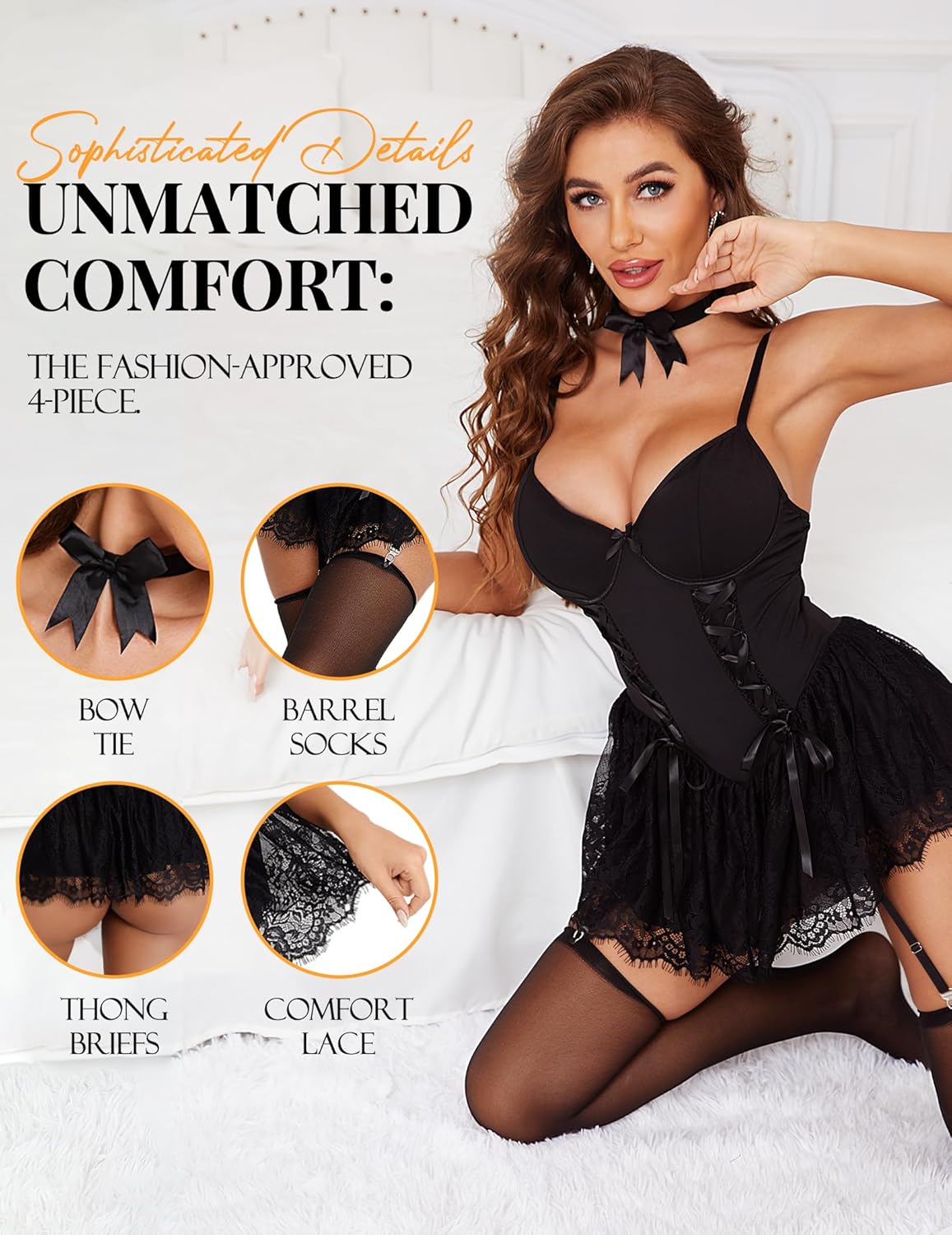 Women's Sexy Lingerie Set,4-Piece Lace Babydoll Underwire Lingerie Set with Bow tie & Panty & Garter Stockings - Image 3