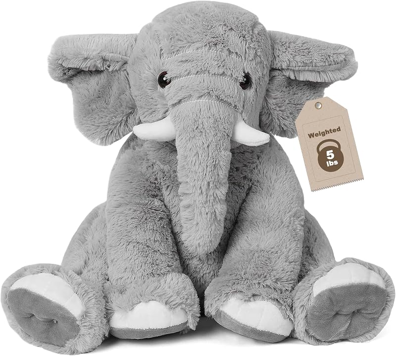 JellyMallow Elephant Weighted Stuffed Animals 5 lbs 16 inches Gray Plush | Large Weighted Stuffed Animal Elephant Plushie Cuddly Pillow Gift for Kids Adults