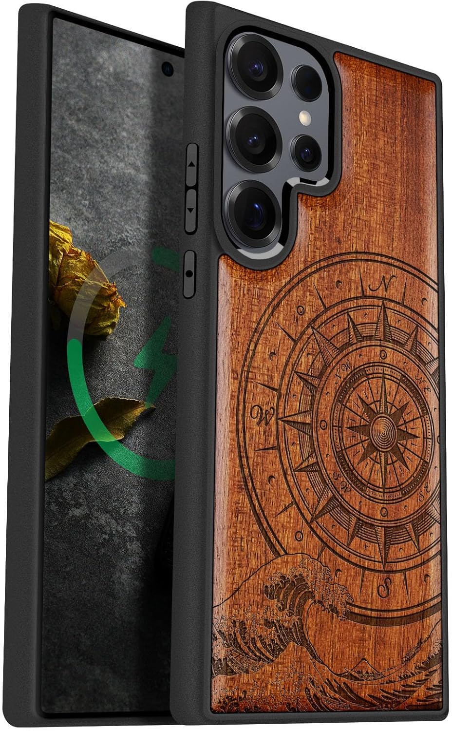 Carveit Magnetic Wooden Case for Samsung Galaxy S25 Ultra Case 2025, TPU Shockproof Cover & Wood Artisan Engraved, Compatible with MagSafe Wireless Chargers (Wave Compass) Rosy