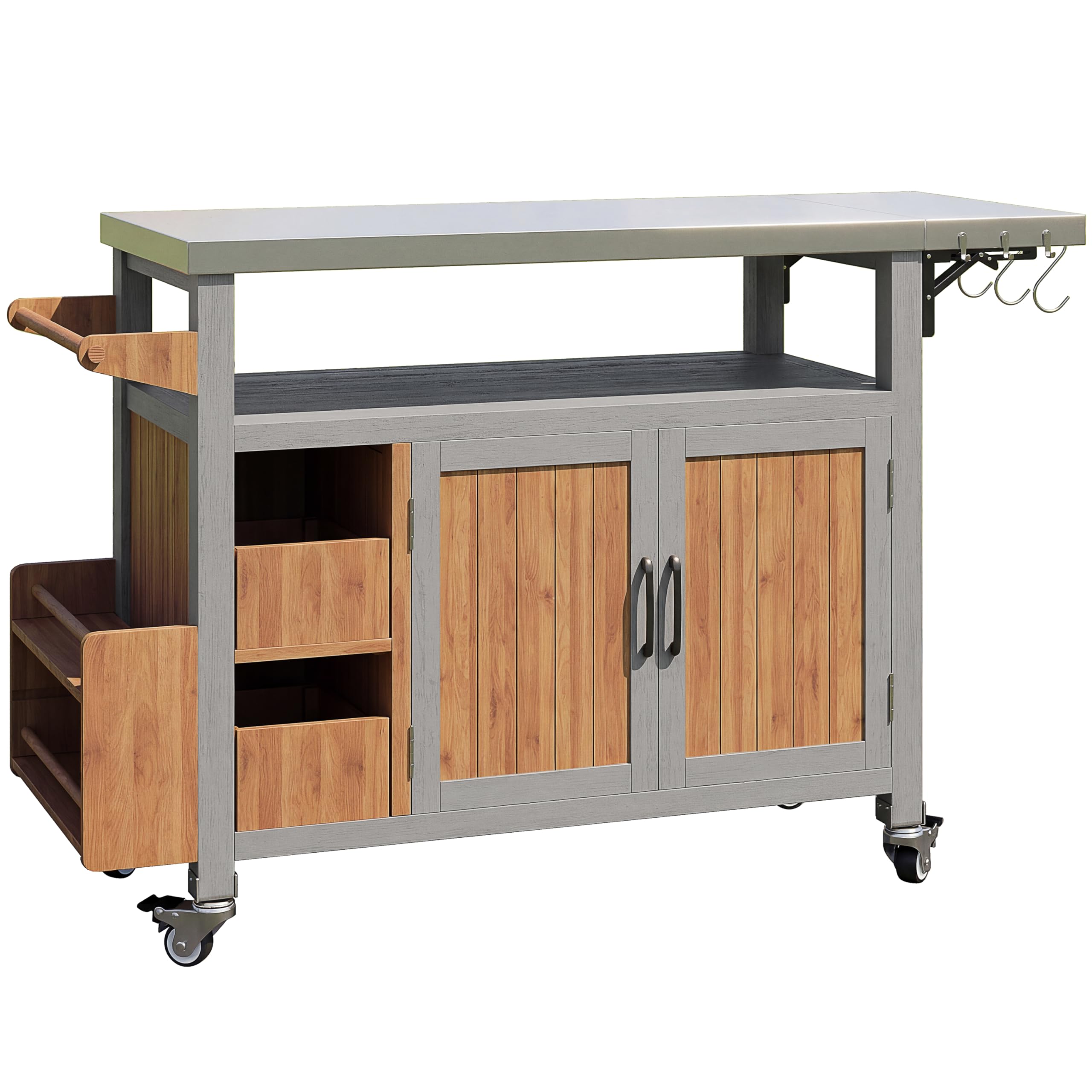 BBQ Beistelltisch, Beweglicher Gartenschrank, wetterfest, Arbeitsplatte aus Edelstahl, Grillwagen, Servierwagen mit ausziehbarer Seitenablage, 3 Haken, Regal für Snacks und Gewürze