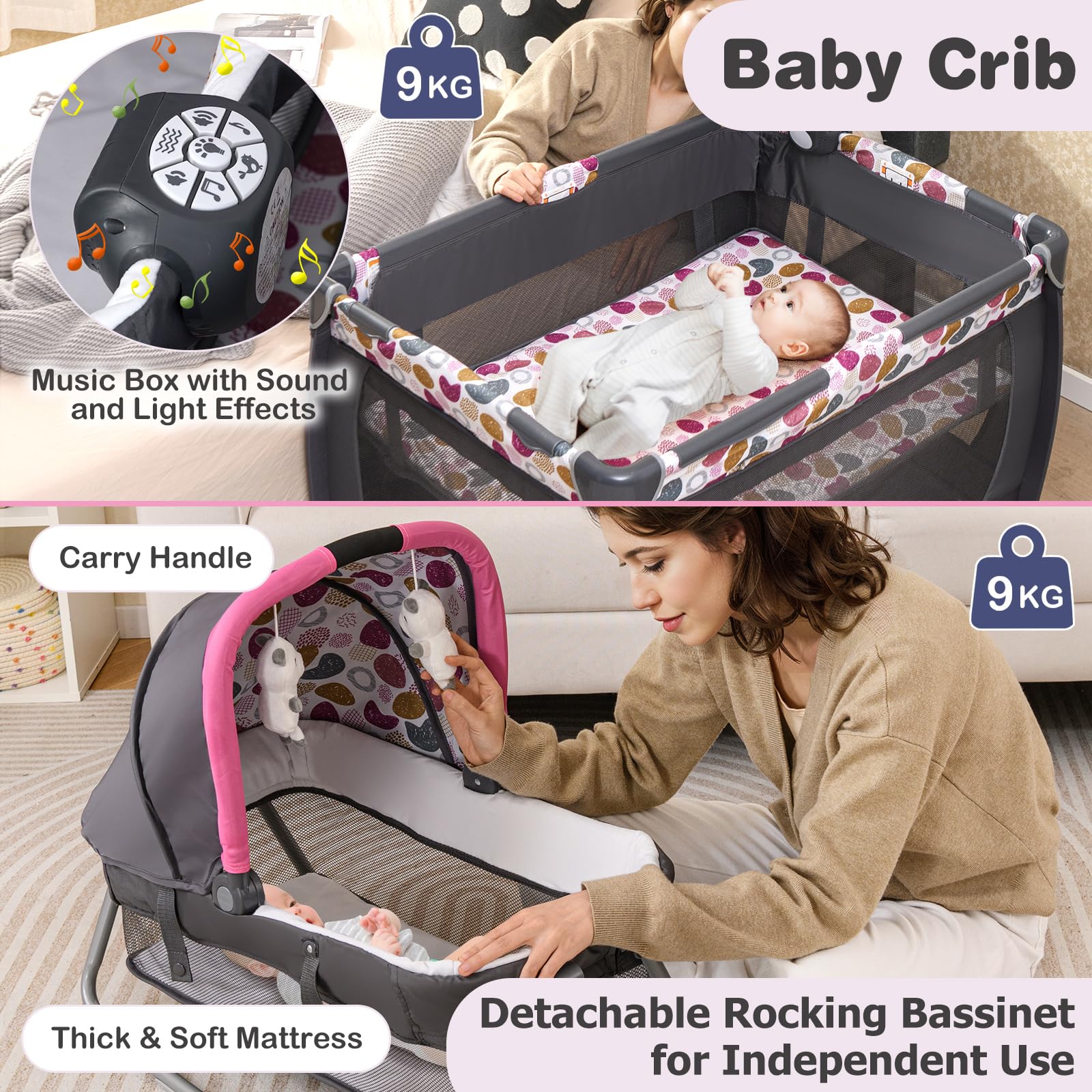 LIFEZEAL 5 en 1 Lit de Voyage Bébé, Lit Pparapluie avec Table à Langer, roulettes Verrouillables et Sac de Transport, Berceau Évolutif avec Boîte à Musique pour Bébé (Gris+Rouge Rose, 106x74x74cm)