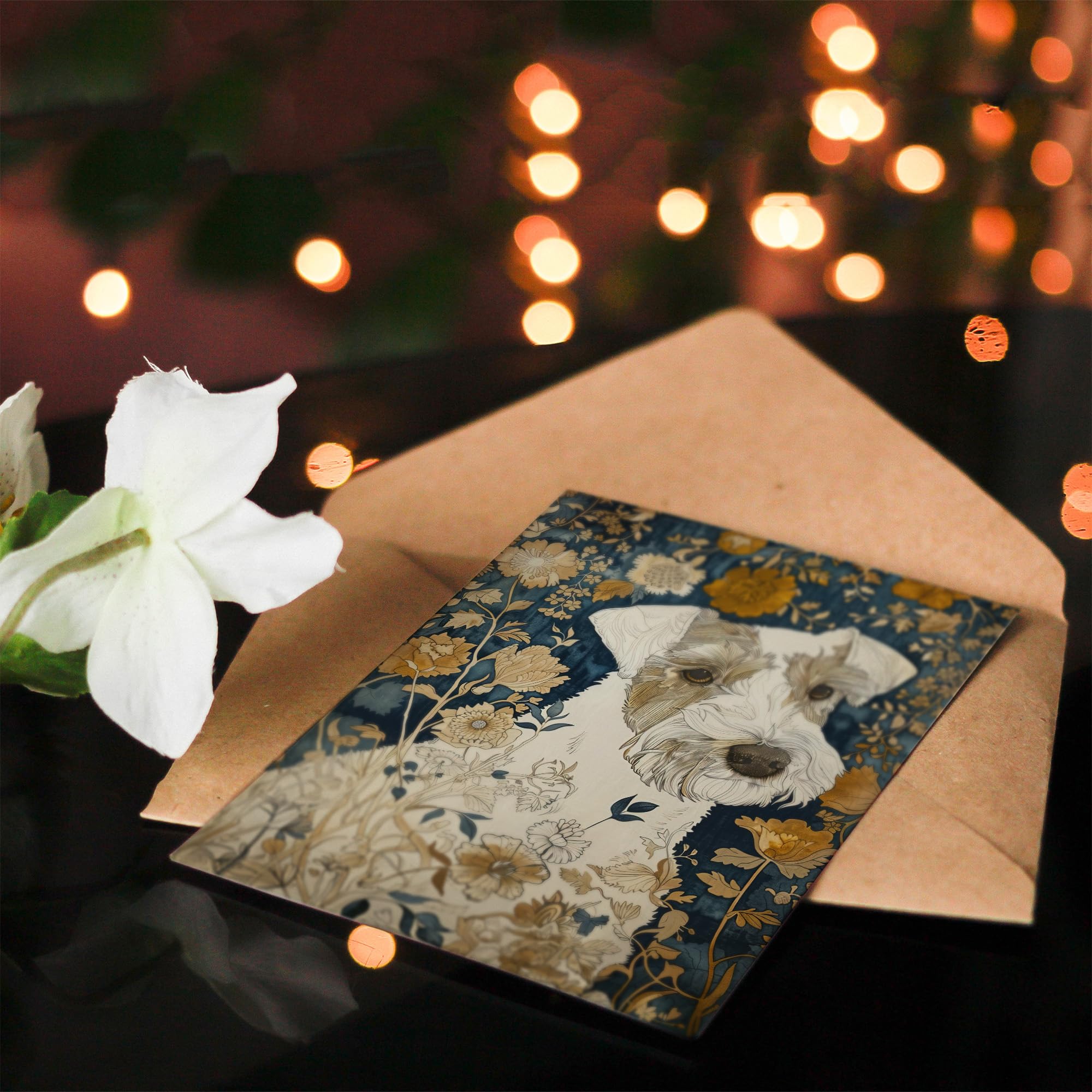 Artery8 White Greyhound Dog With Floral Pattern Fur Coat Lying In Flower Field Modern Illustration Art Birthday Sealed Greeting Card Plus Envelope Blank Inside