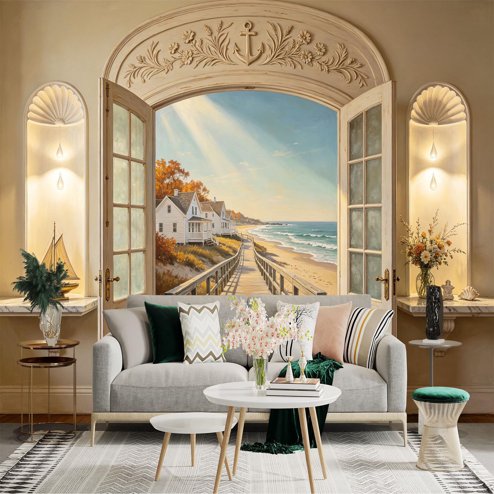 Custom Size Wall Sticker Mural， Coastal Boardwalk Beach House Ocean View Sunlight， for wall Decoration， peelandstick wall Decals.