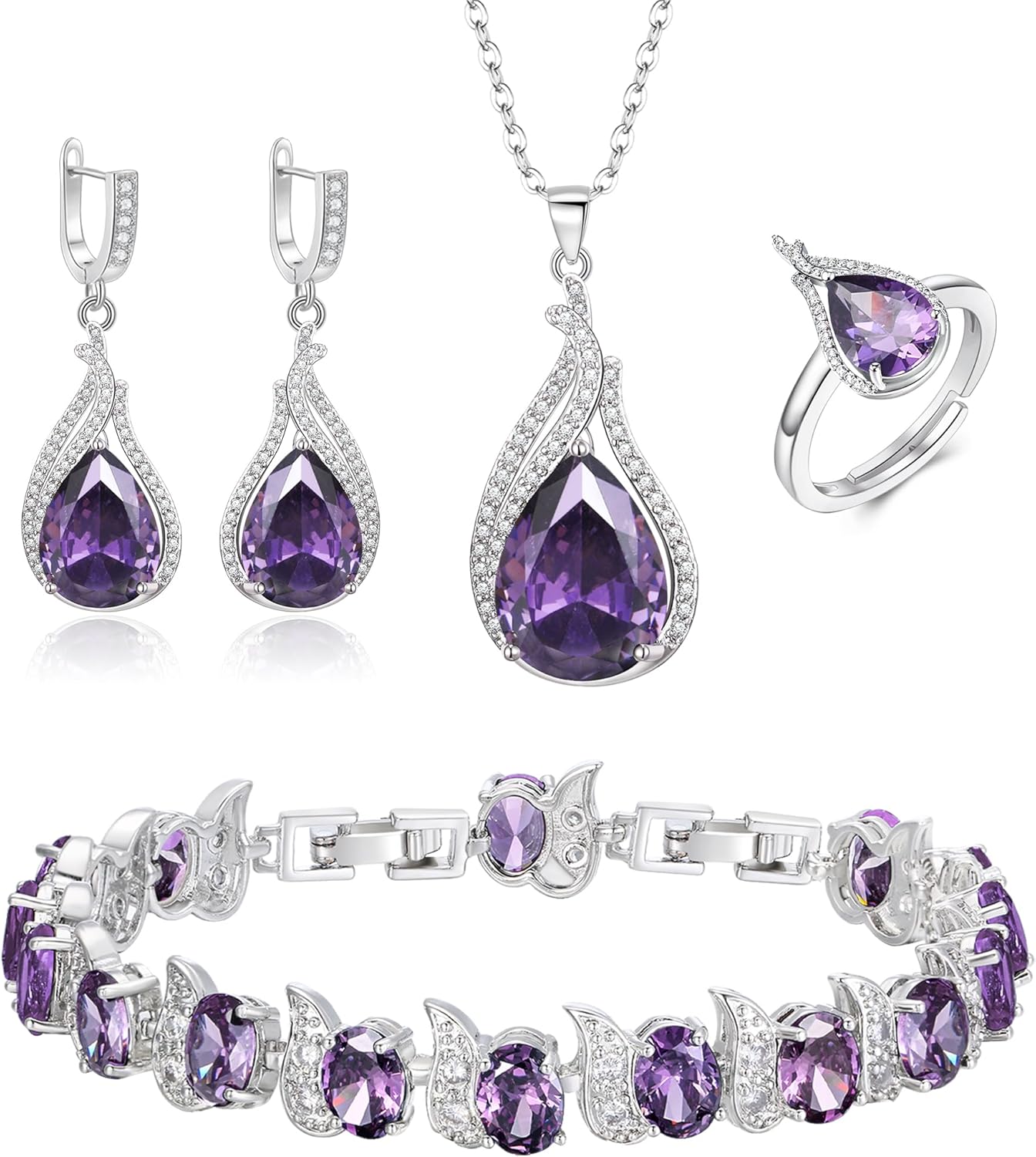 BriLove Jewelry Set for Bride, Sparkling Water Drop Cubic Zirconia Crystal Pendant Necklace Leverback Earrings Tennis Bracelet Adjustable Ring Gift for Wedding/Birthday/Mother's Day/Christmas